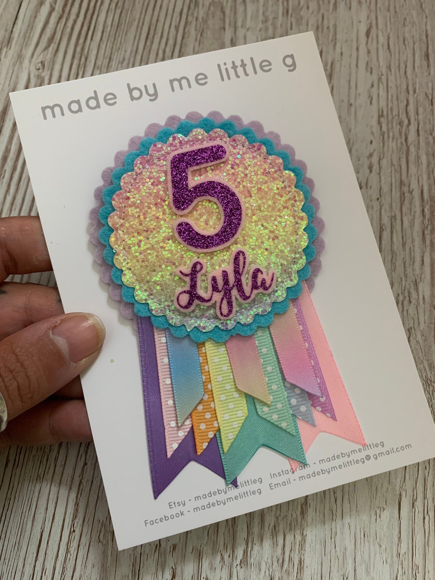 Pastel rainbow sparkle personalised birthday badge rosette, birthday badge, personalised birthday badge, name birthday badge