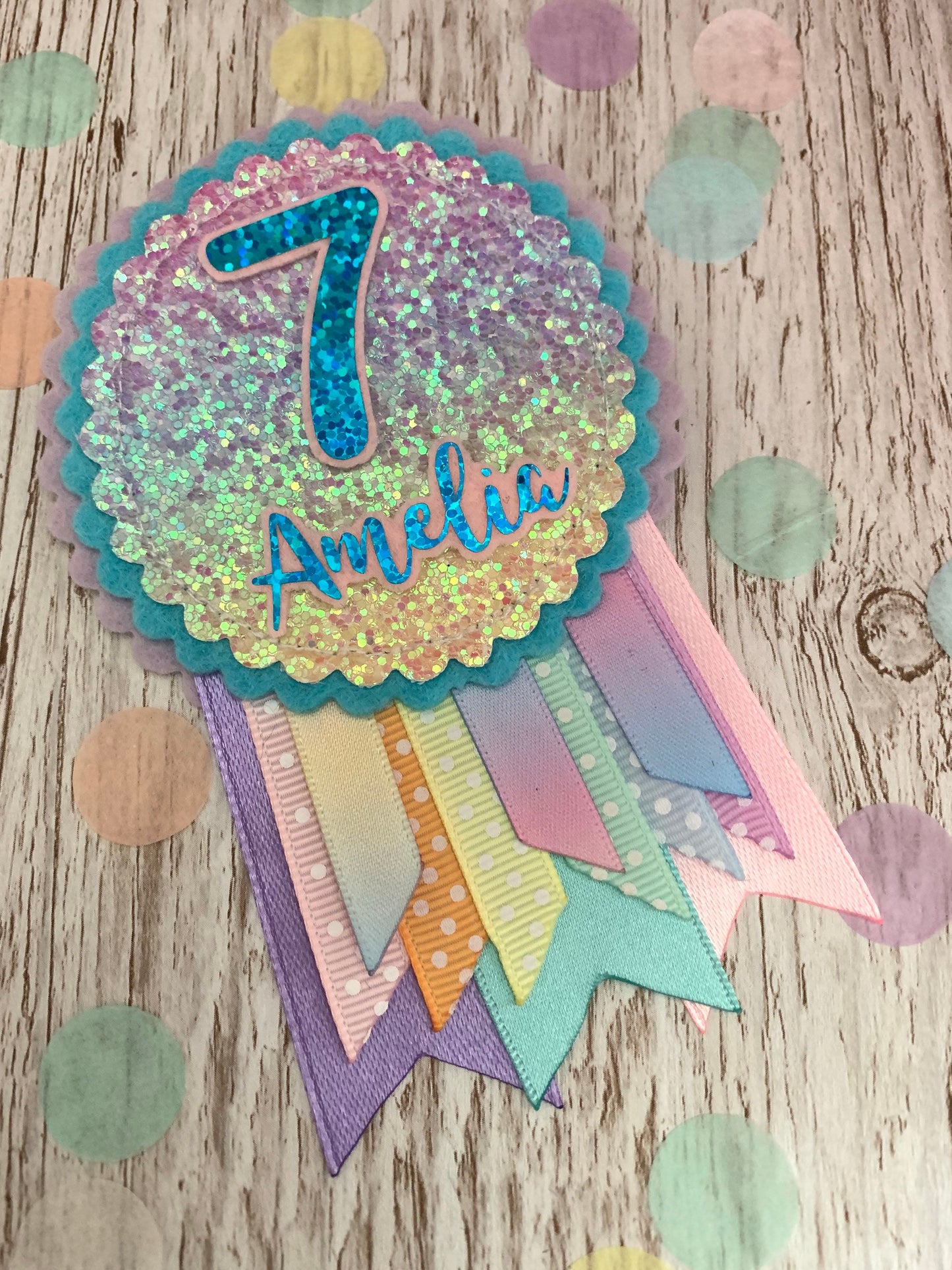 Pastel rainbow sparkle personalised birthday badge rosette, birthday badge, personalised birthday badge, name birthday badge