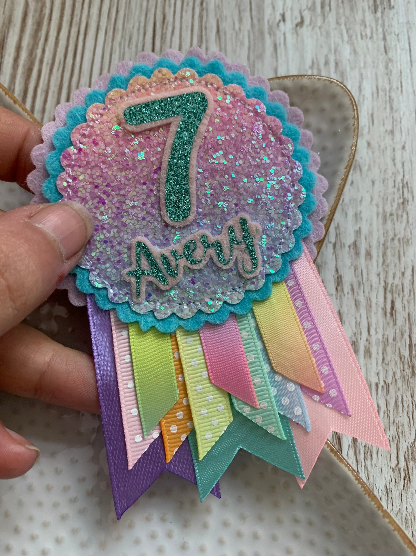 Pastel rainbow sparkle personalised birthday badge rosette, birthday badge, personalised birthday badge, name birthday badge