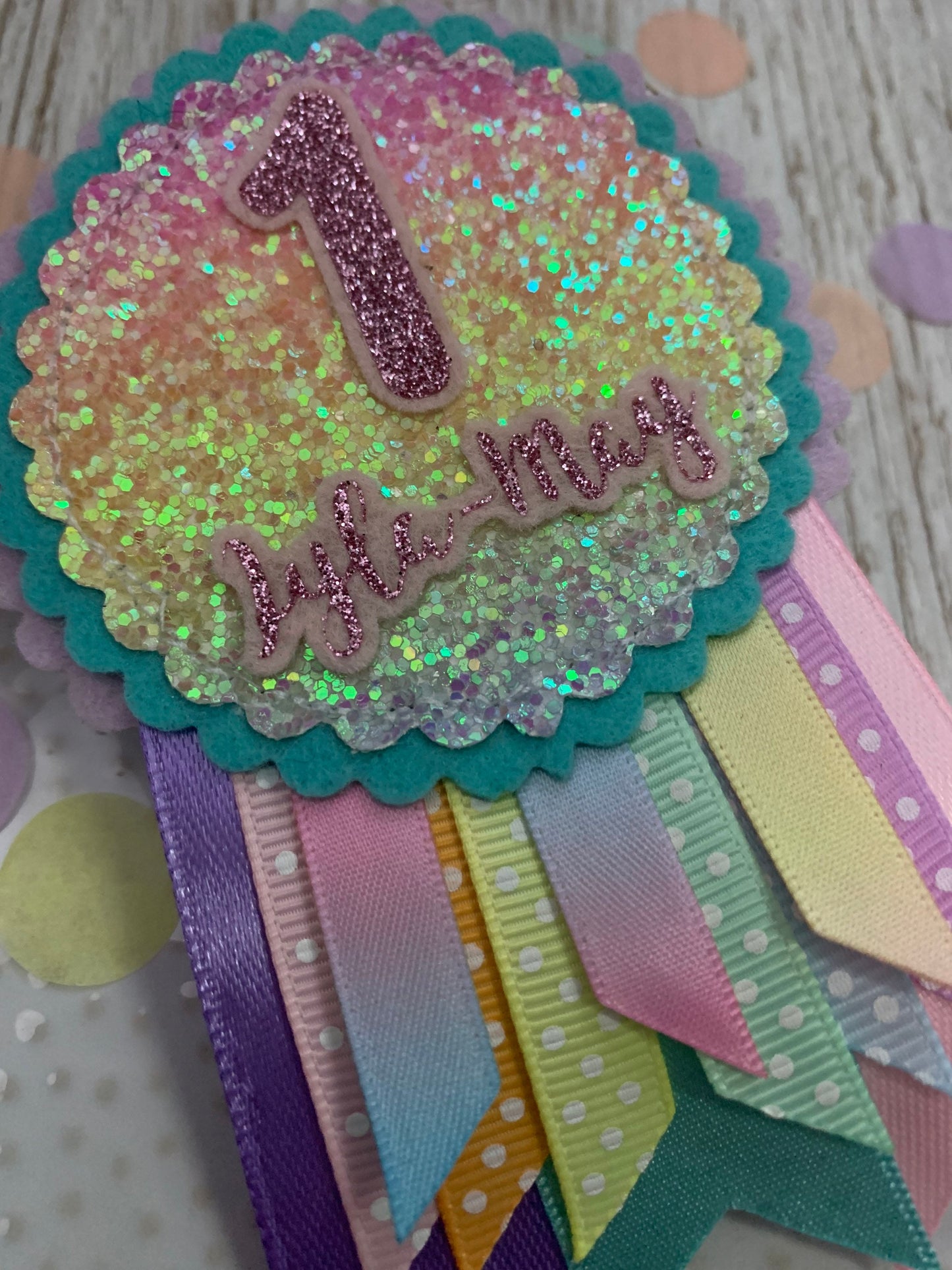 Pastel rainbow sparkle personalised birthday badge rosette, birthday badge, personalised birthday badge, name birthday badge