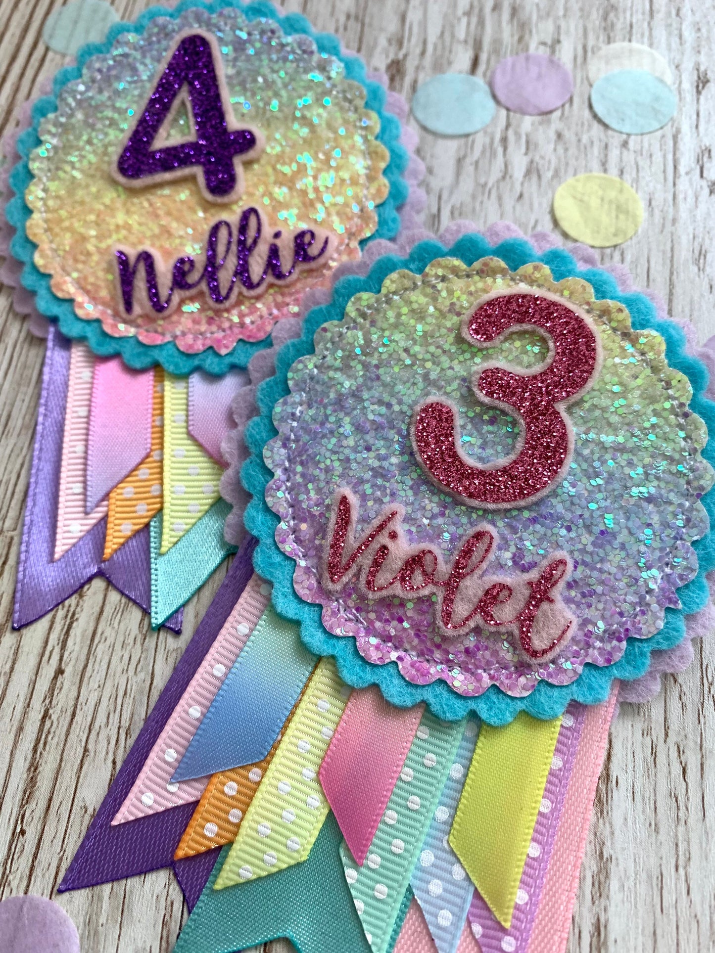 Pastel rainbow sparkle personalised birthday badge rosette, birthday badge, personalised birthday badge, name birthday badge