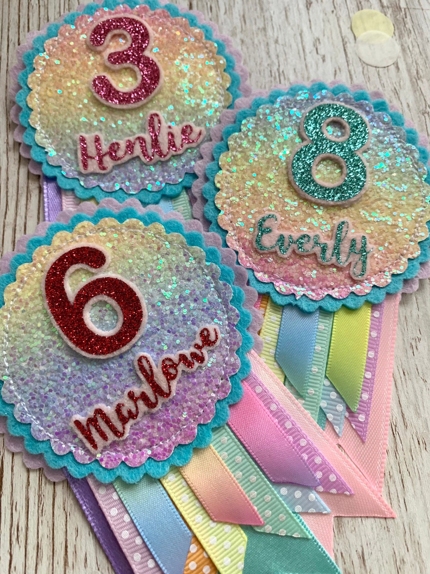 Pastel rainbow sparkle personalised birthday badge rosette, birthday badge, personalised birthday badge, name birthday badge
