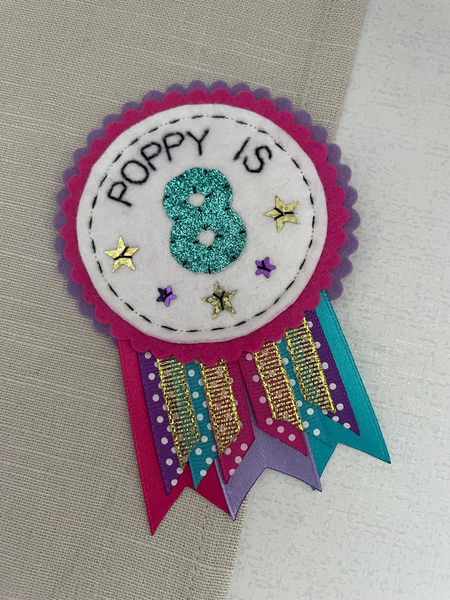 Personalised birthday badge rosette, birthday badge, personalised birthday badge, name birthday badge, pink purple and teal birthday badge