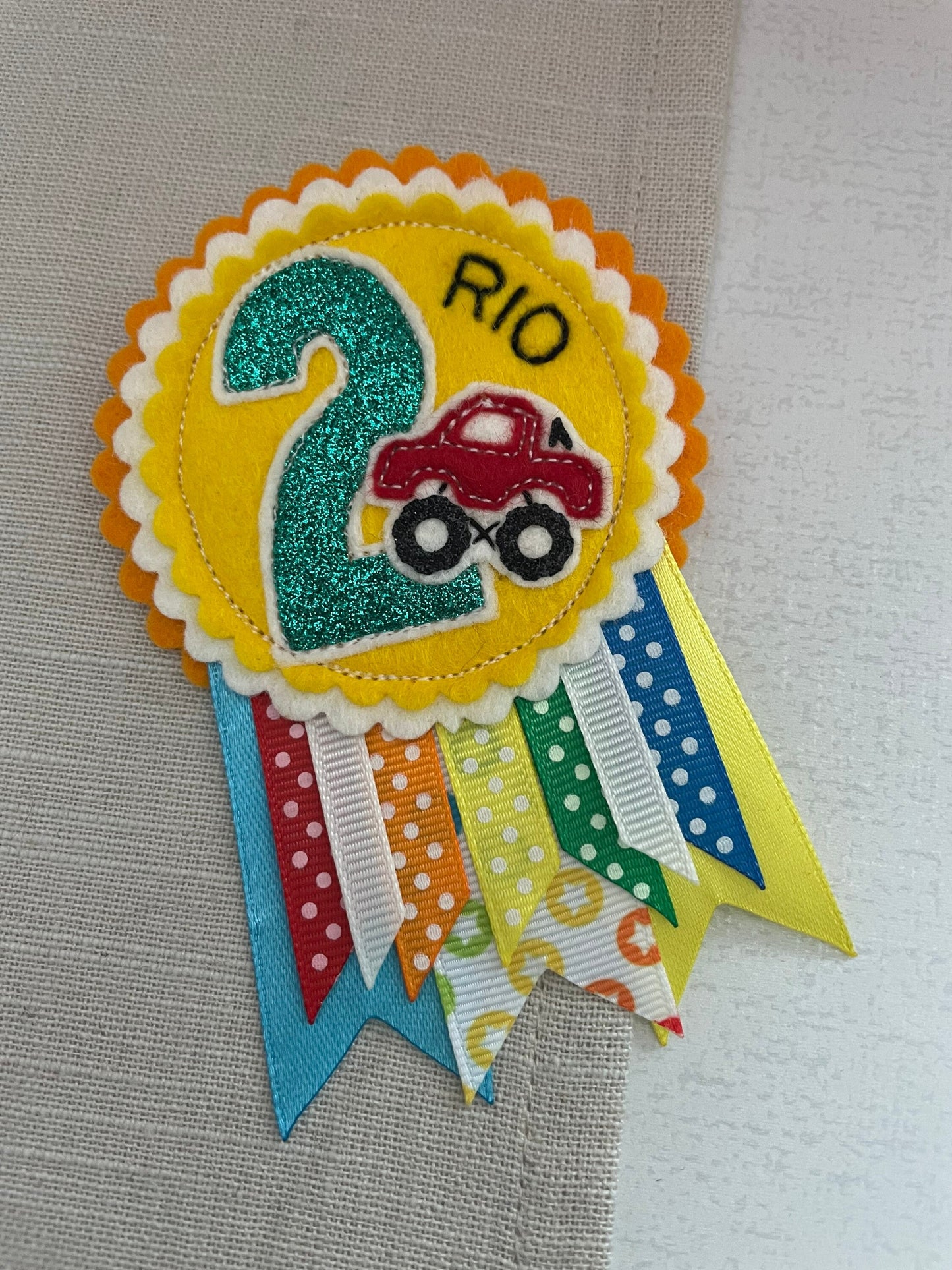 Personalised birthday badge rosette, birthday badge, car birthday badge, train birthday badge, digger birthday badge, tractor birthday badge