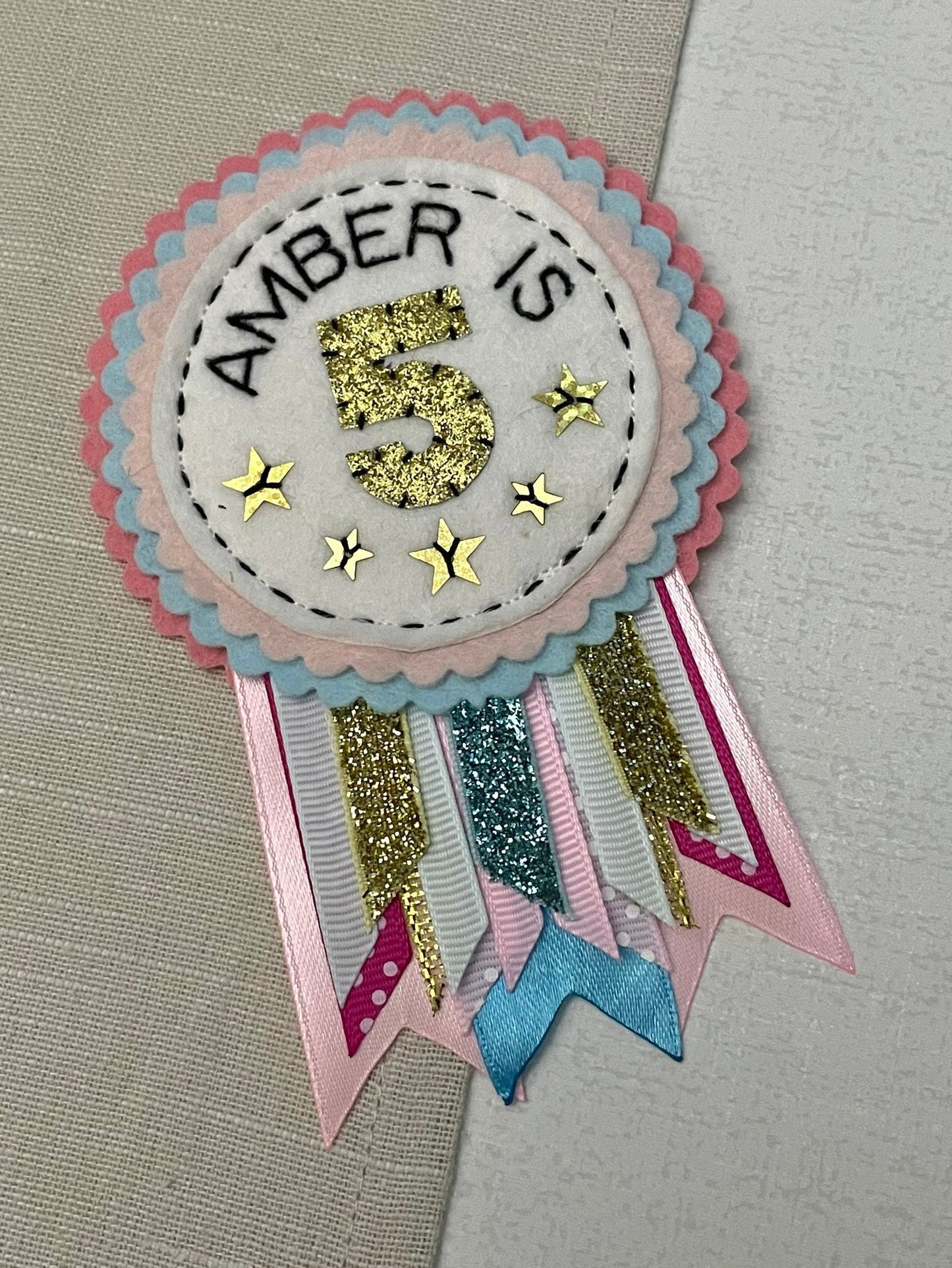 Pastel personalised birthday badge rosette, birthday badge, personalised birthday badge, name birthday badge, pink blue and gold birthday