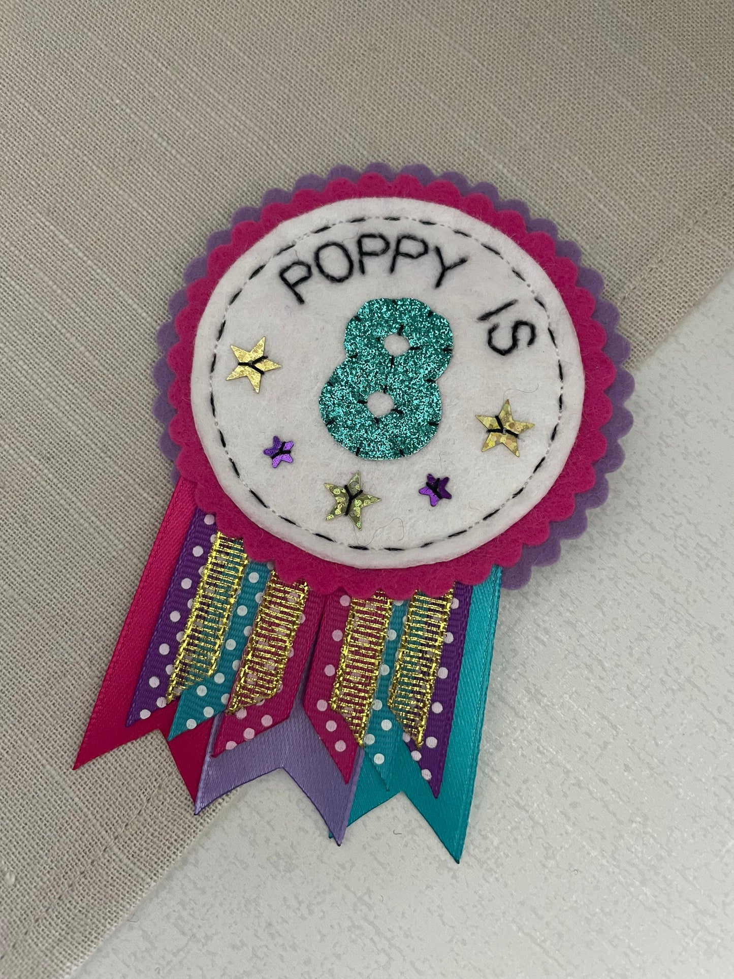 Personalised birthday badge rosette, birthday badge, personalised birthday badge, name birthday badge, pink purple and teal birthday badge
