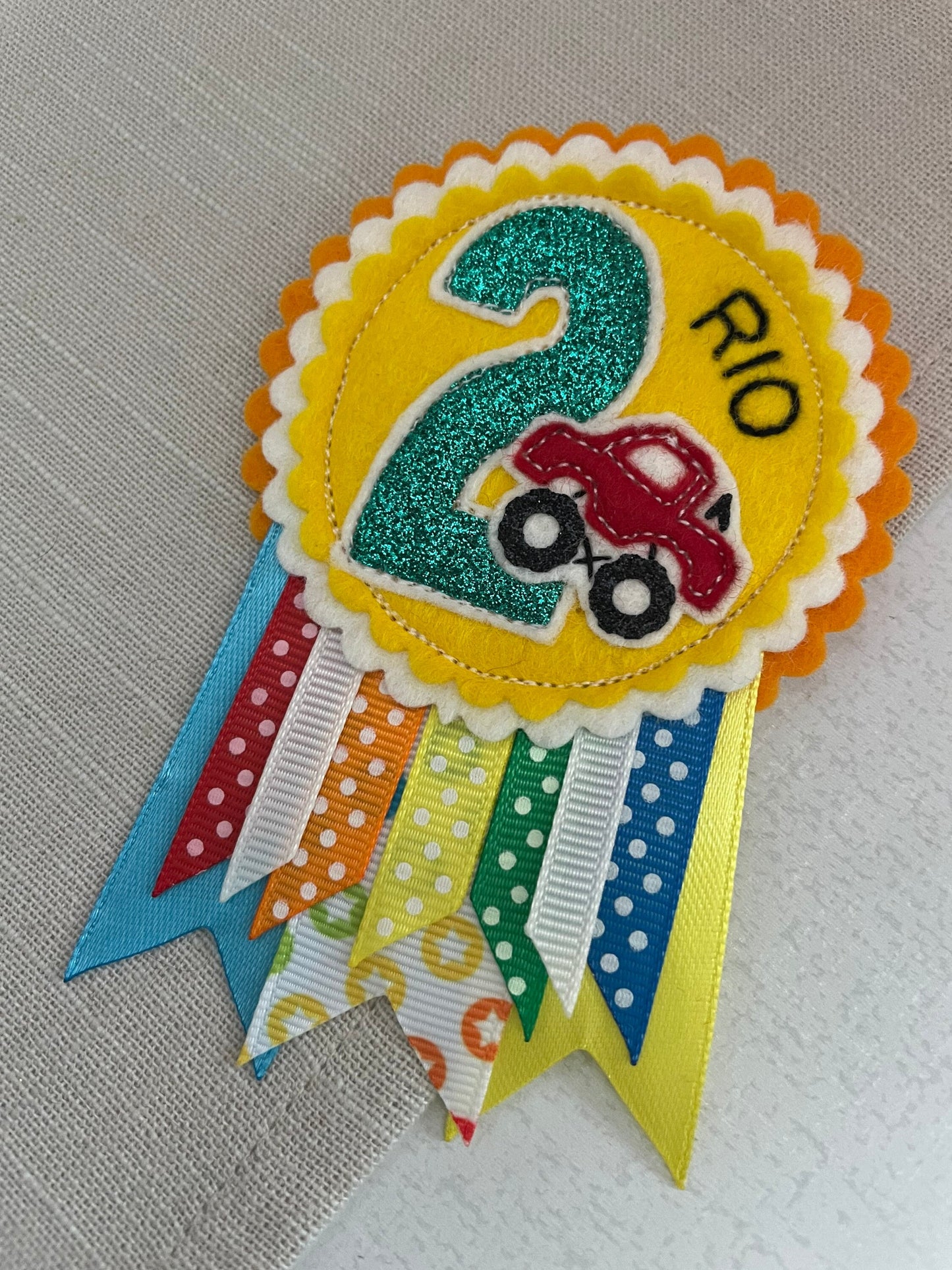 Personalised birthday badge rosette, birthday badge, car birthday badge, train birthday badge, digger birthday badge, tractor birthday badge