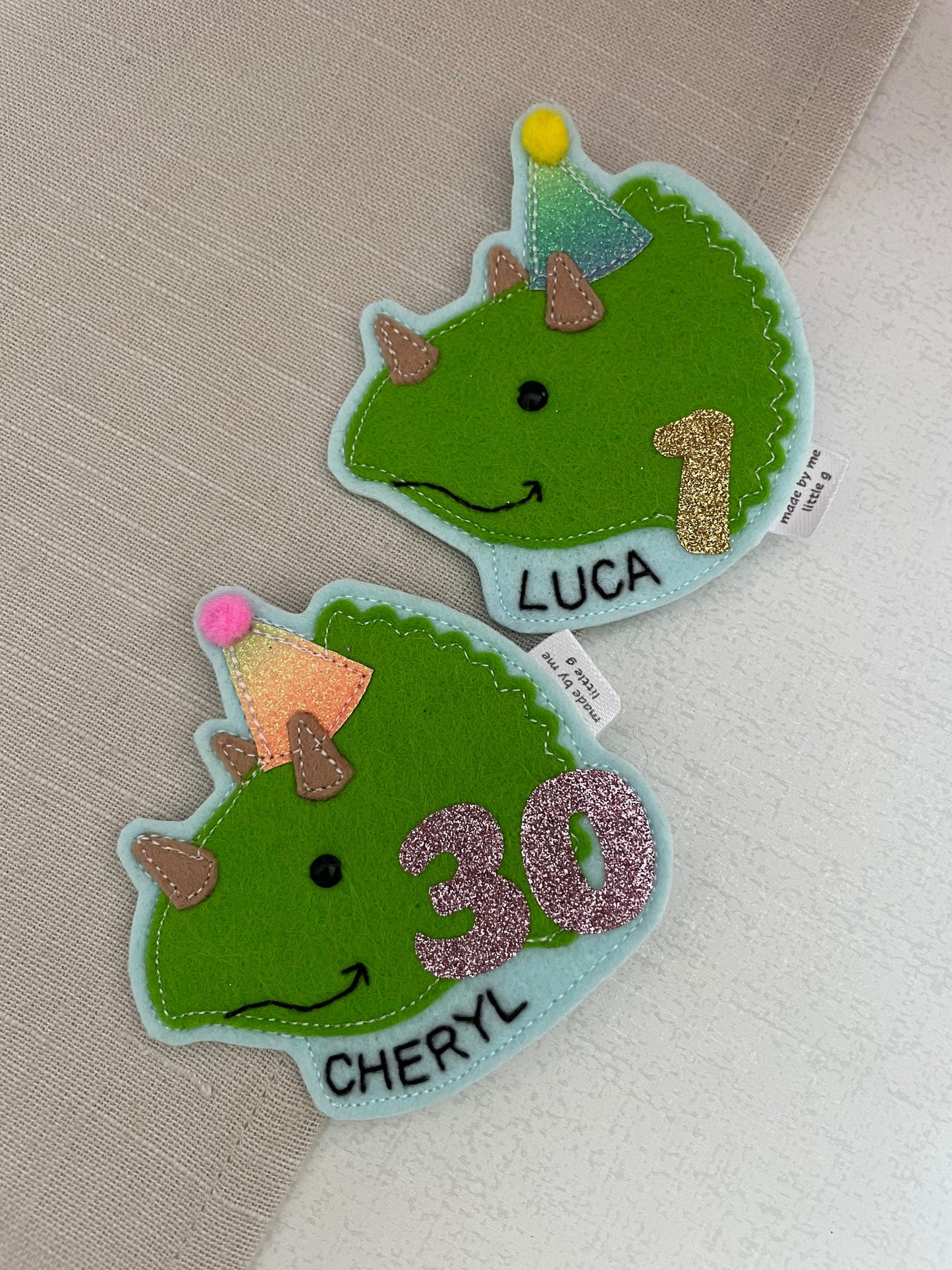 Triceratops personalised birthday badge, birthday badge, personalised birthday badge, dinosaur birthday, dinosaur birthday badge