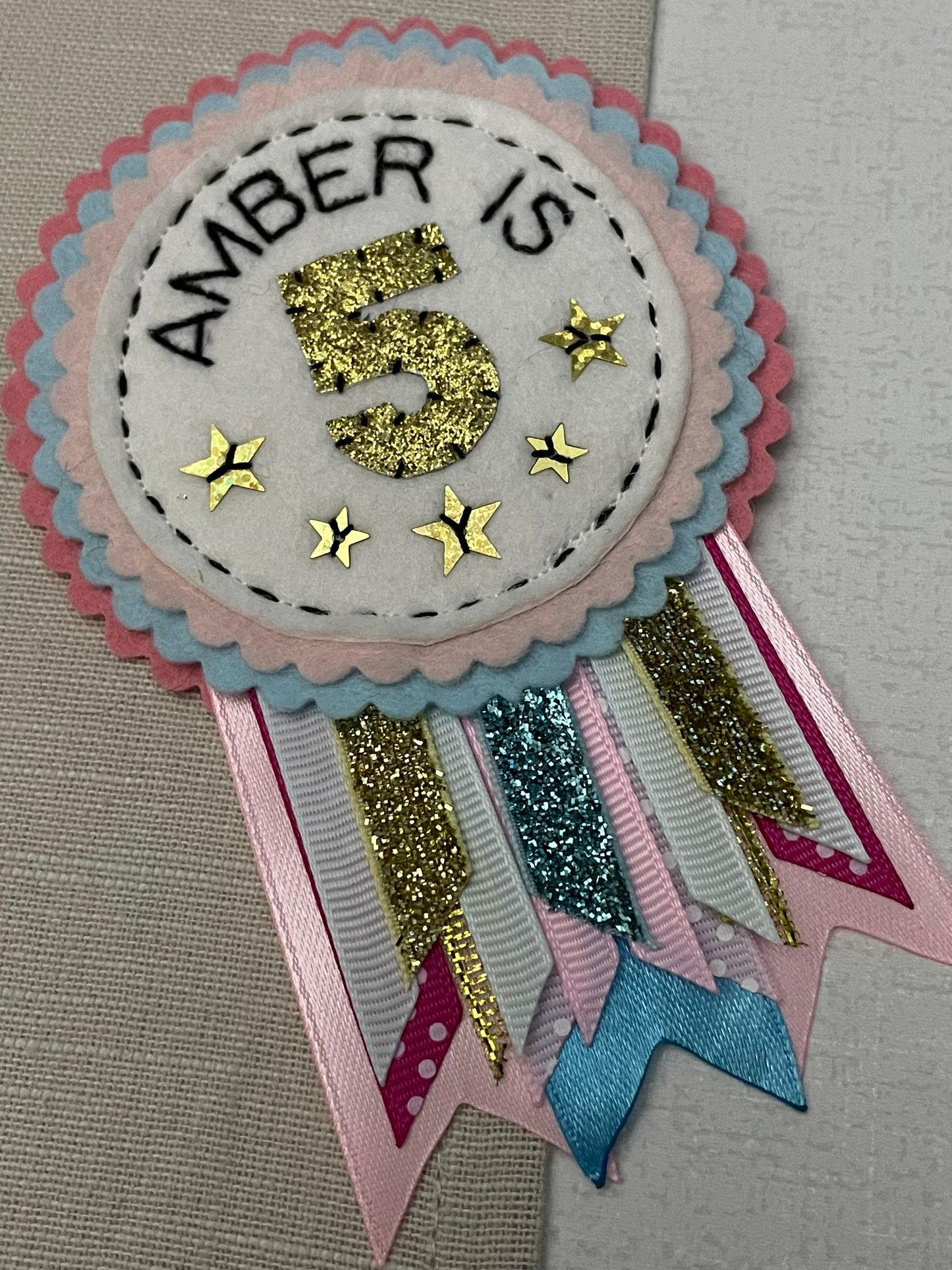 Pastel personalised birthday badge rosette, birthday badge, personalised birthday badge, name birthday badge, pink blue and gold birthday