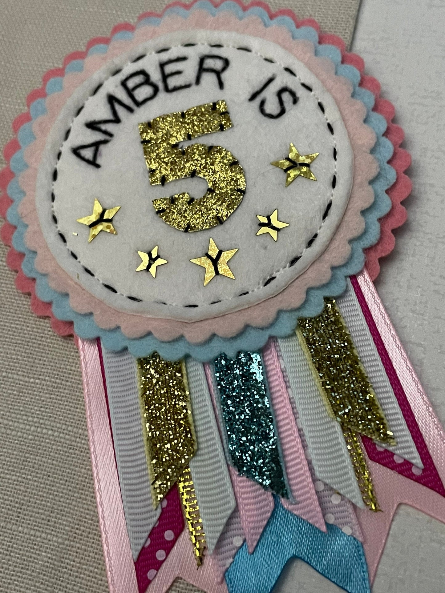 Pastel personalised birthday badge rosette, birthday badge, personalised birthday badge, name birthday badge, pink blue and gold birthday