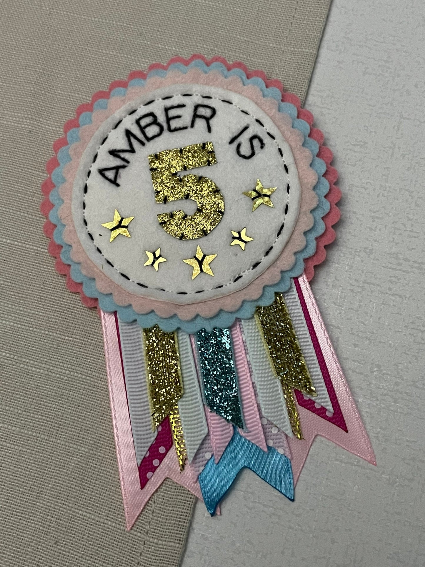 Pastel personalised birthday badge rosette, birthday badge, personalised birthday badge, name birthday badge, pink blue and gold birthday