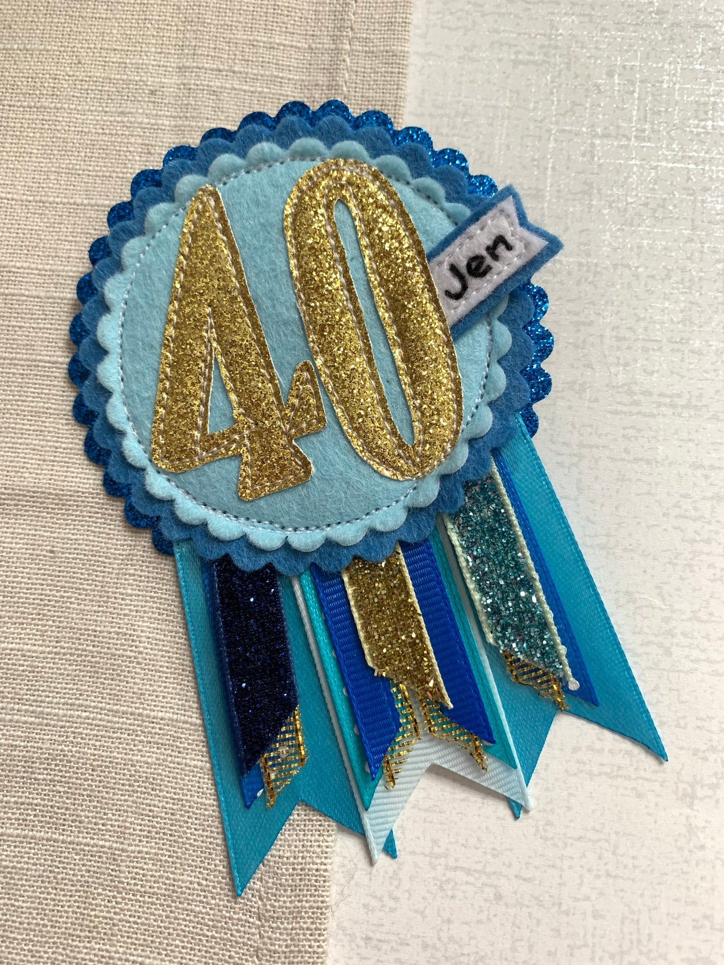 Birthday badge, blue and gold personalised age birthday rosette, birthday badge, gold birthday badge