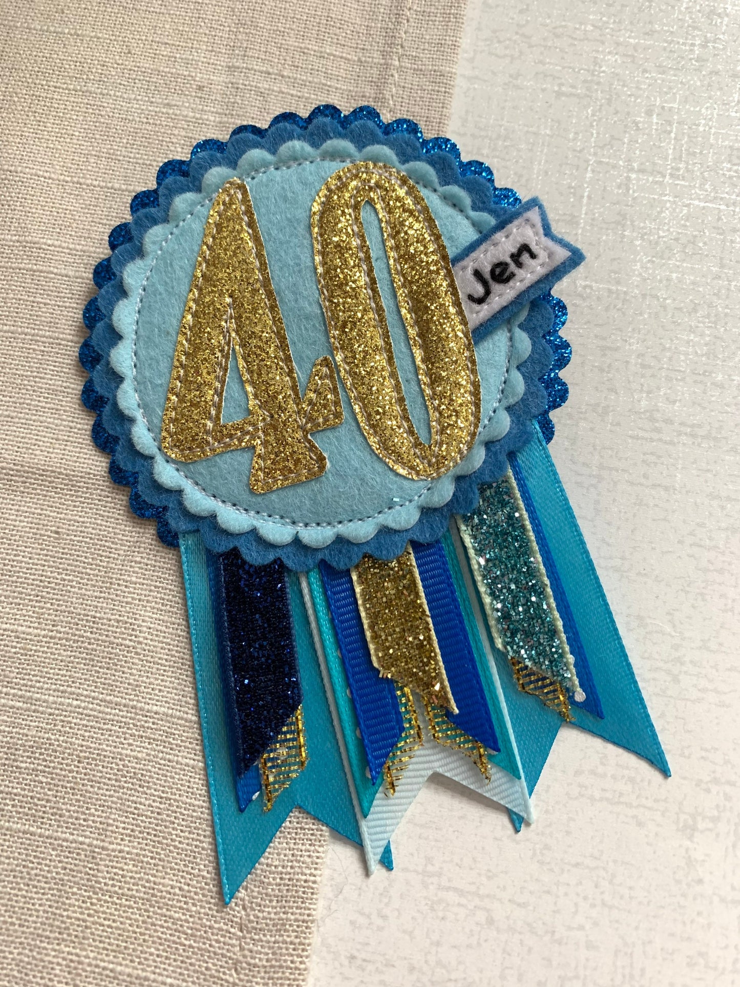 Birthday badge, blue and gold personalised age birthday rosette, birthday badge, gold birthday badge