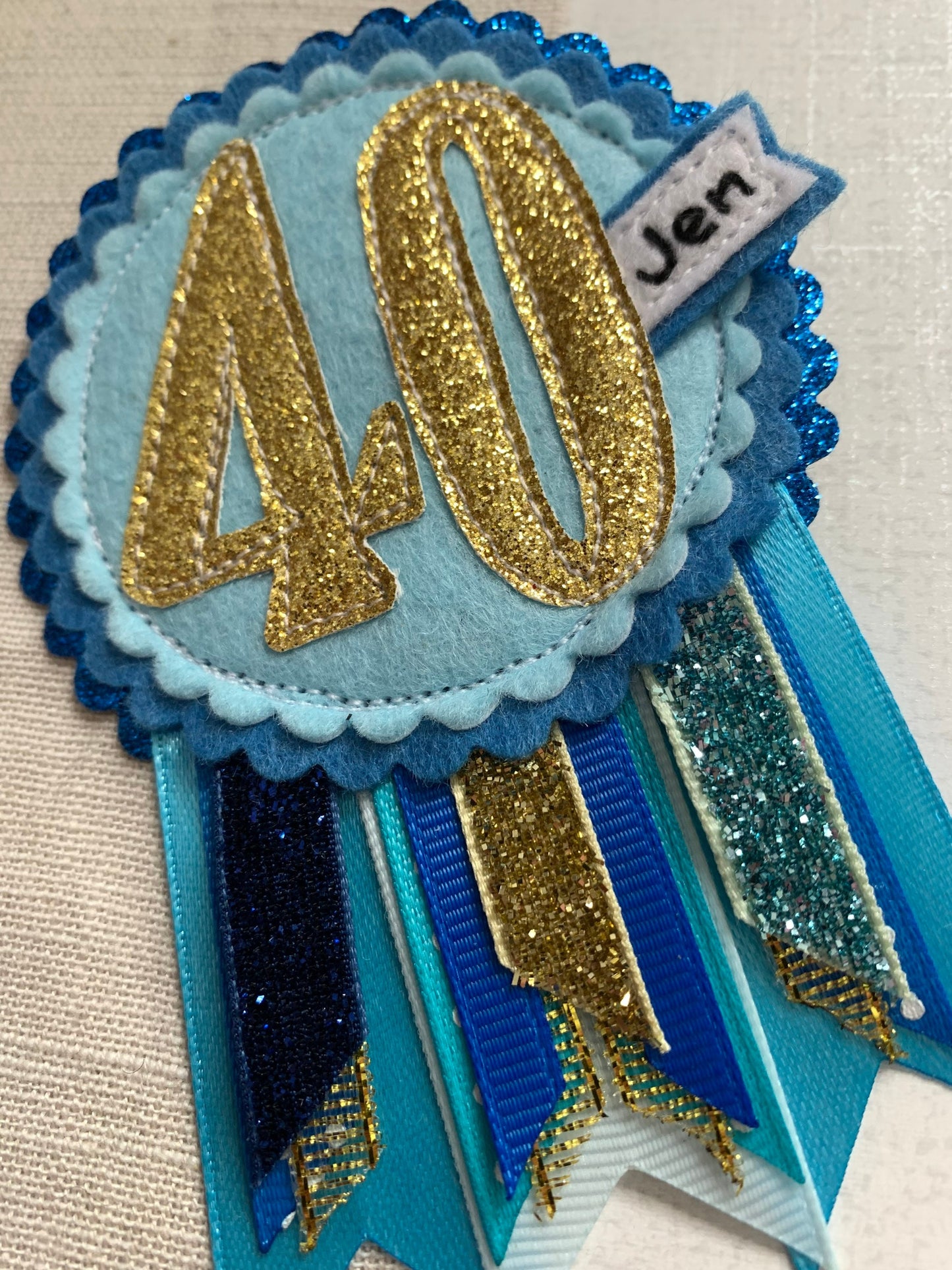 Birthday badge, blue and gold personalised age birthday rosette, birthday badge, gold birthday badge