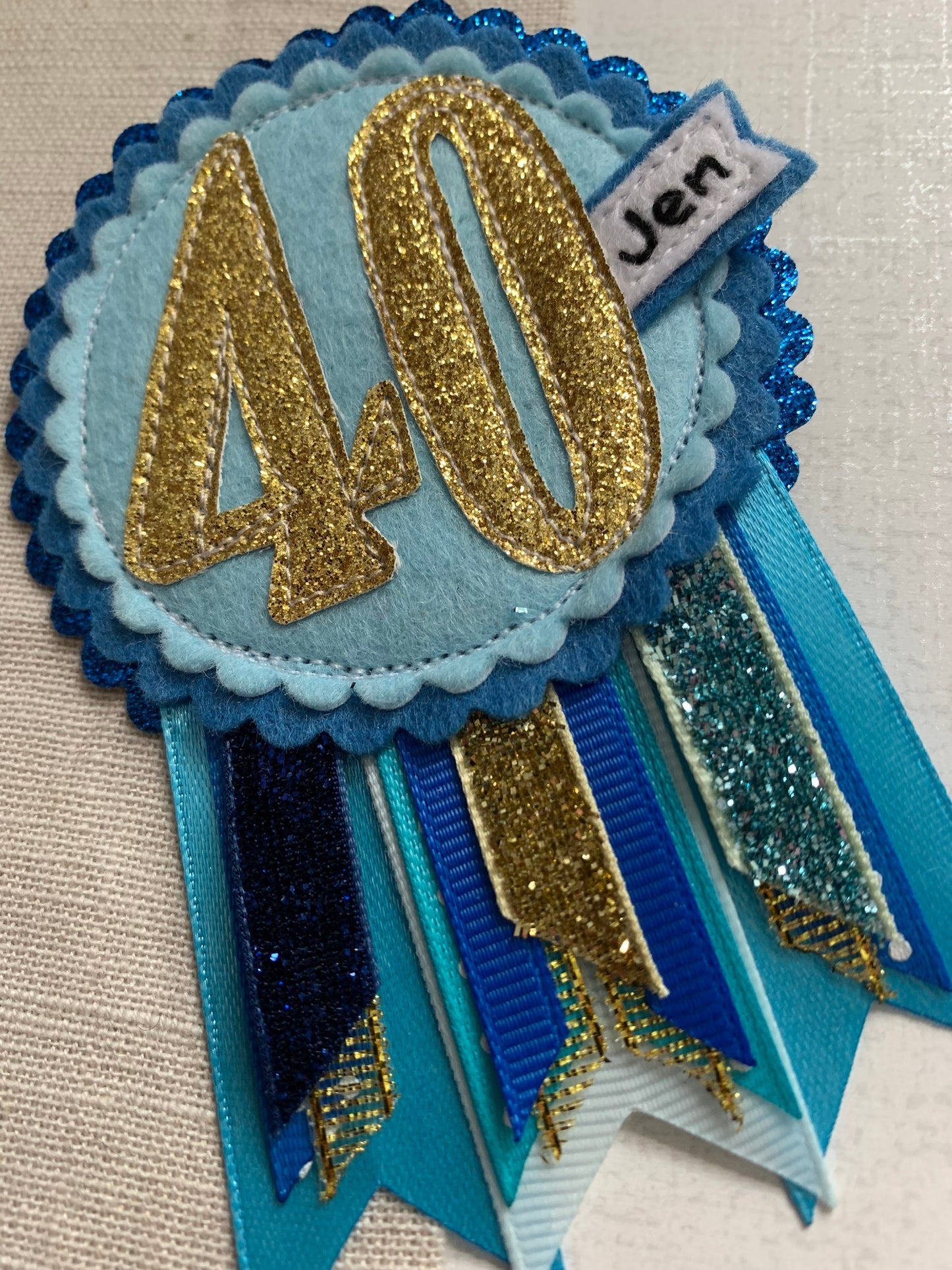 Birthday badge, blue and gold personalised age birthday rosette, birthday badge, gold birthday badge