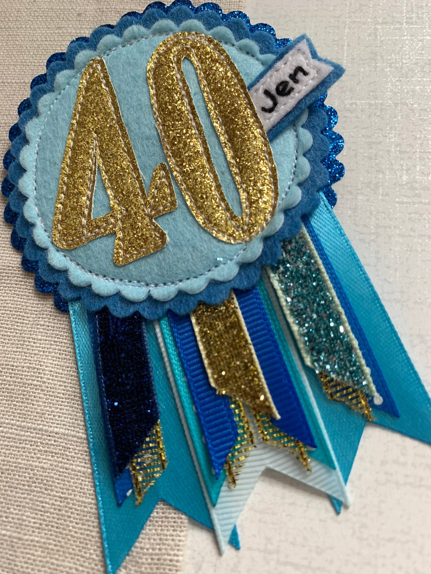 Birthday badge, blue and gold personalised age birthday rosette, birthday badge, gold birthday badge