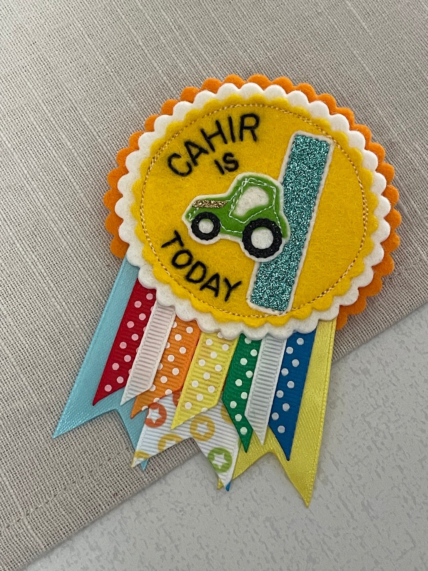 Personalised birthday badge rosette, birthday badge, car birthday badge, train birthday badge, digger birthday badge, tractor birthday badge