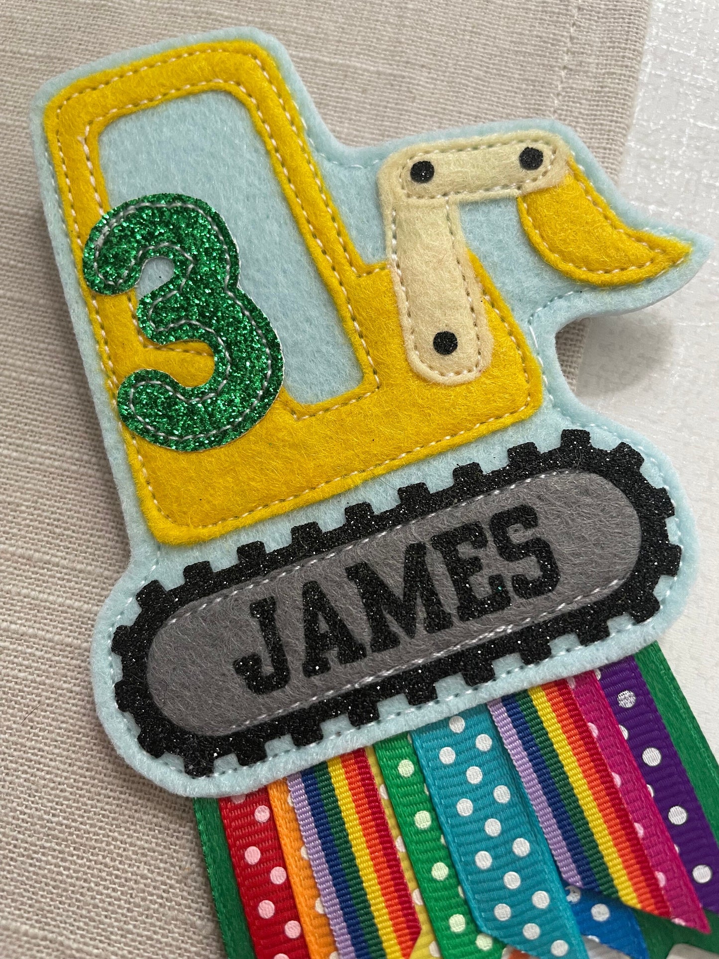 Digger, construction truck vehicle birthday badge, personalised birthday badge, birthday badge