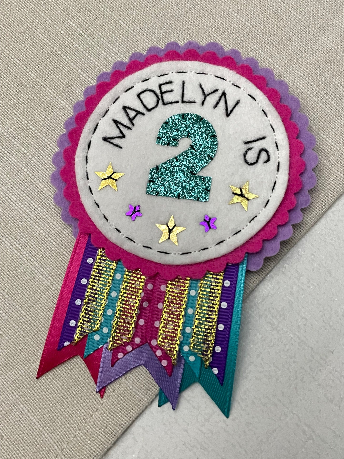 Personalised birthday badge rosette, birthday badge, personalised birthday badge, name birthday badge, pink purple and teal birthday badge
