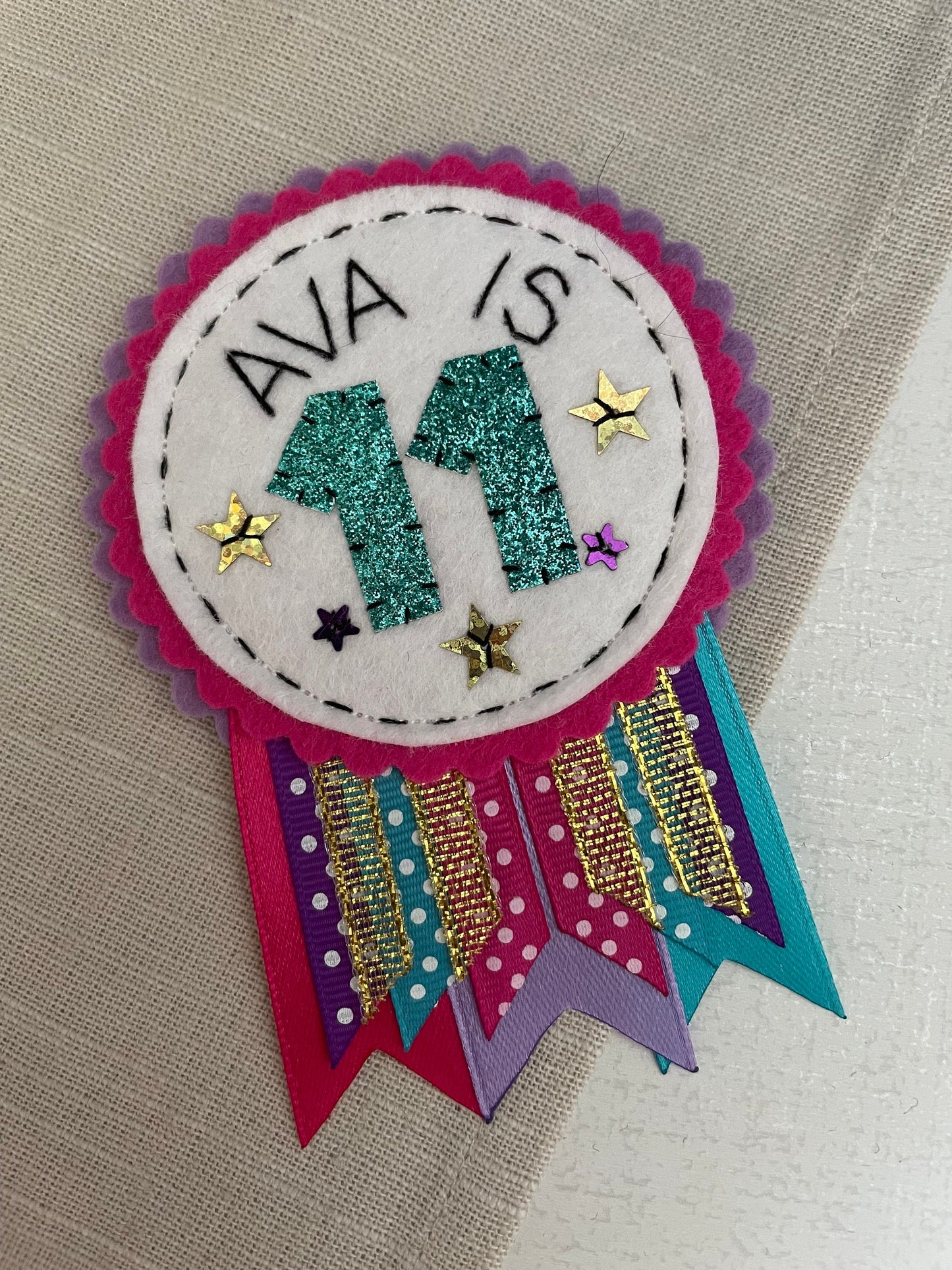 Personalised birthday badge rosette, birthday badge, personalised birthday badge, name birthday badge, pink purple and teal birthday badge