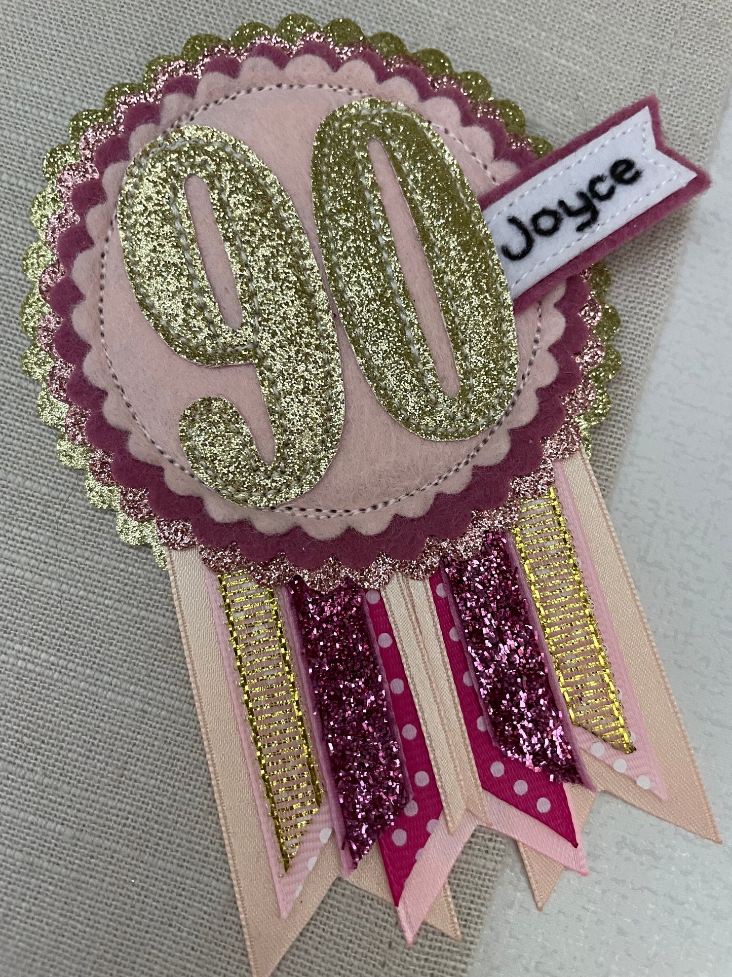 Birthday badge, pinks and gold personalised age birthday rosette, birthday badge, gold birthday badge