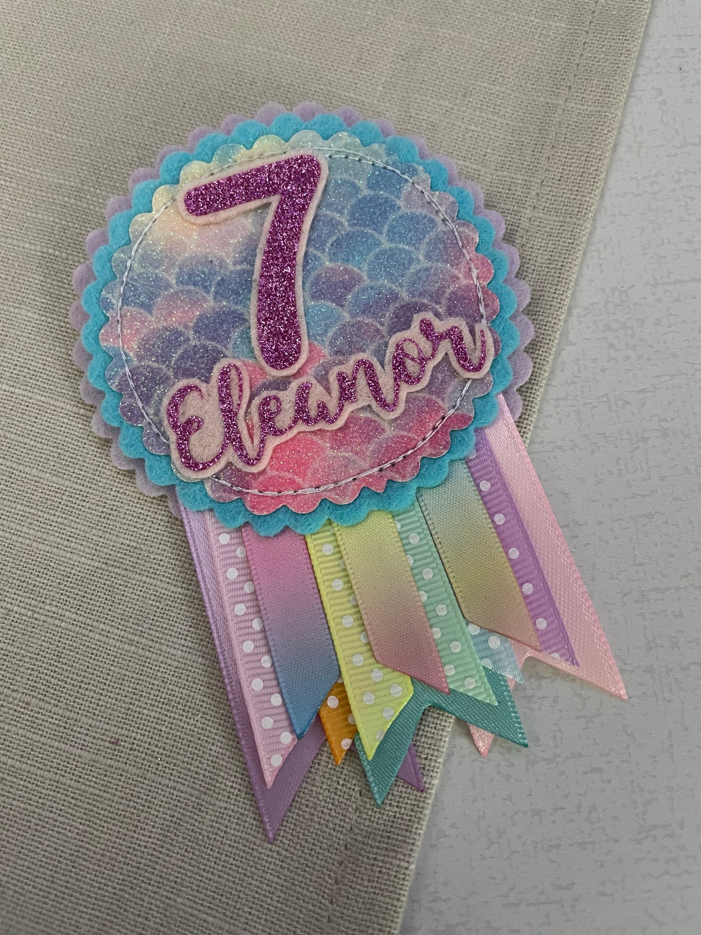 Pastel mermaid rainbow birthday rosette