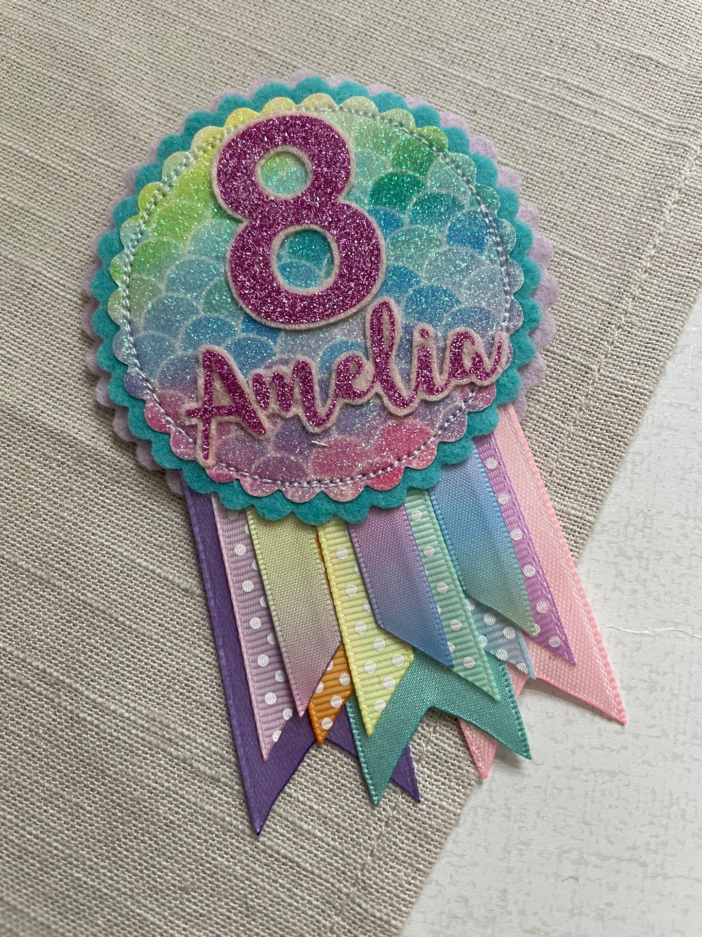 Pastel mermaid rainbow birthday rosette