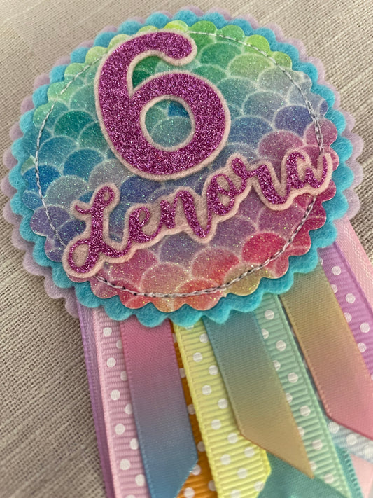 Pastel mermaid rainbow birthday rosette