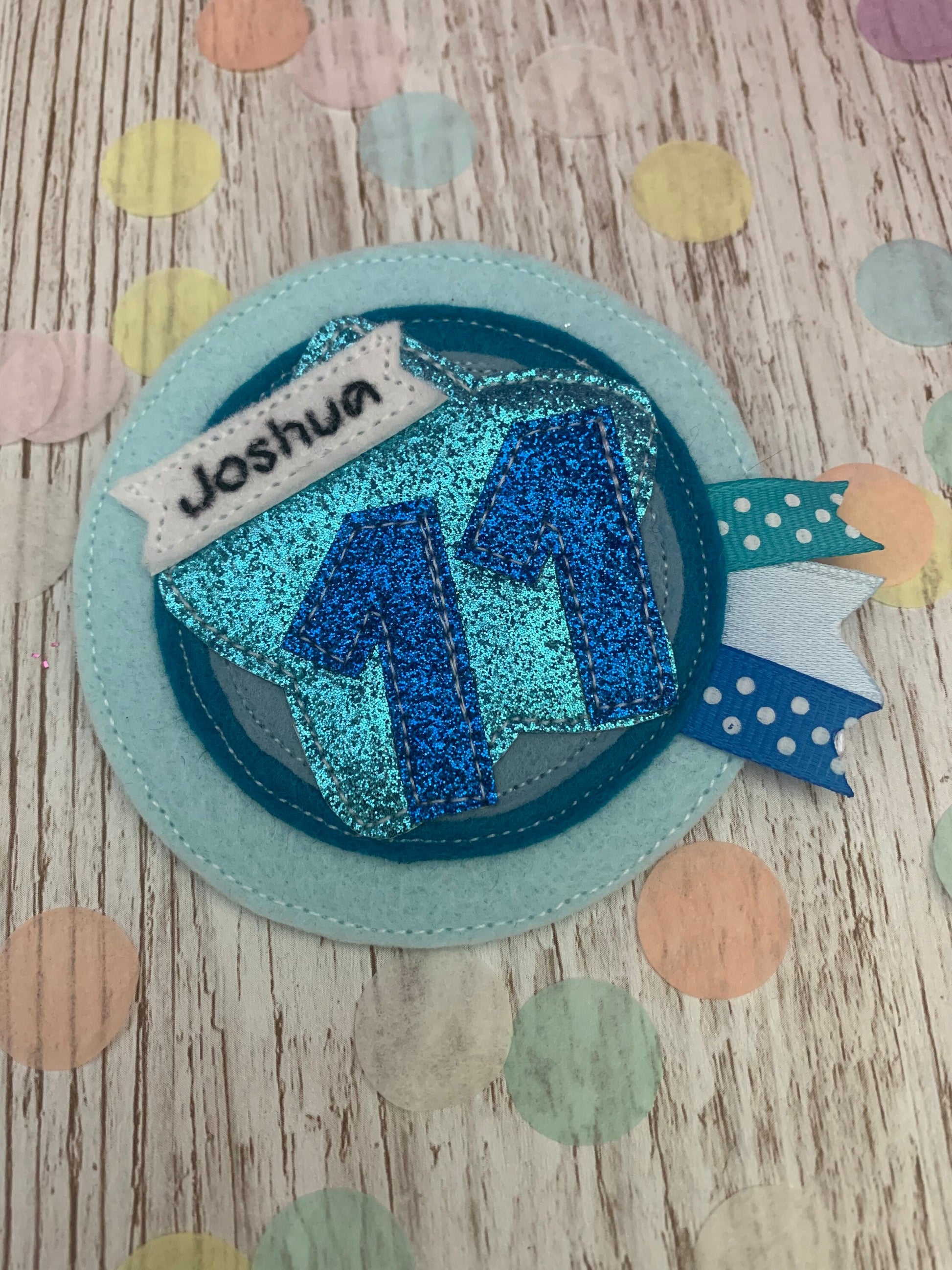 Birthday badge, Blue personalised age birthday badge rosette, personalised birthday badge