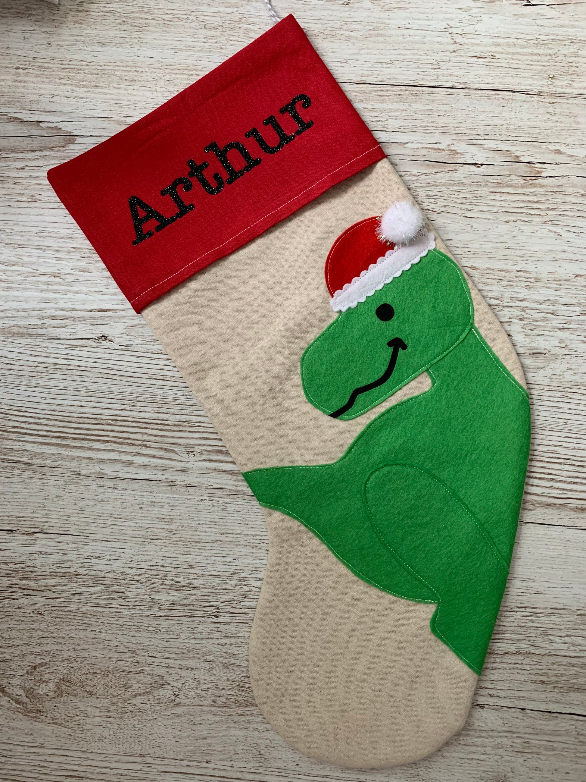 Personalised dinosaur Christmas stocking, Christmas Dino stocking, dinosaur stocking