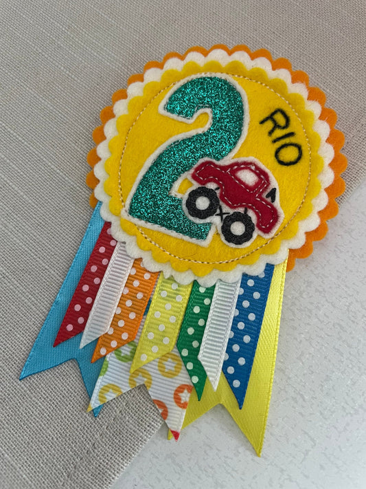 Personalised birthday badge rosette, birthday badge, car birthday badge, train birthday badge, digger birthday badge, tractor birthday badge