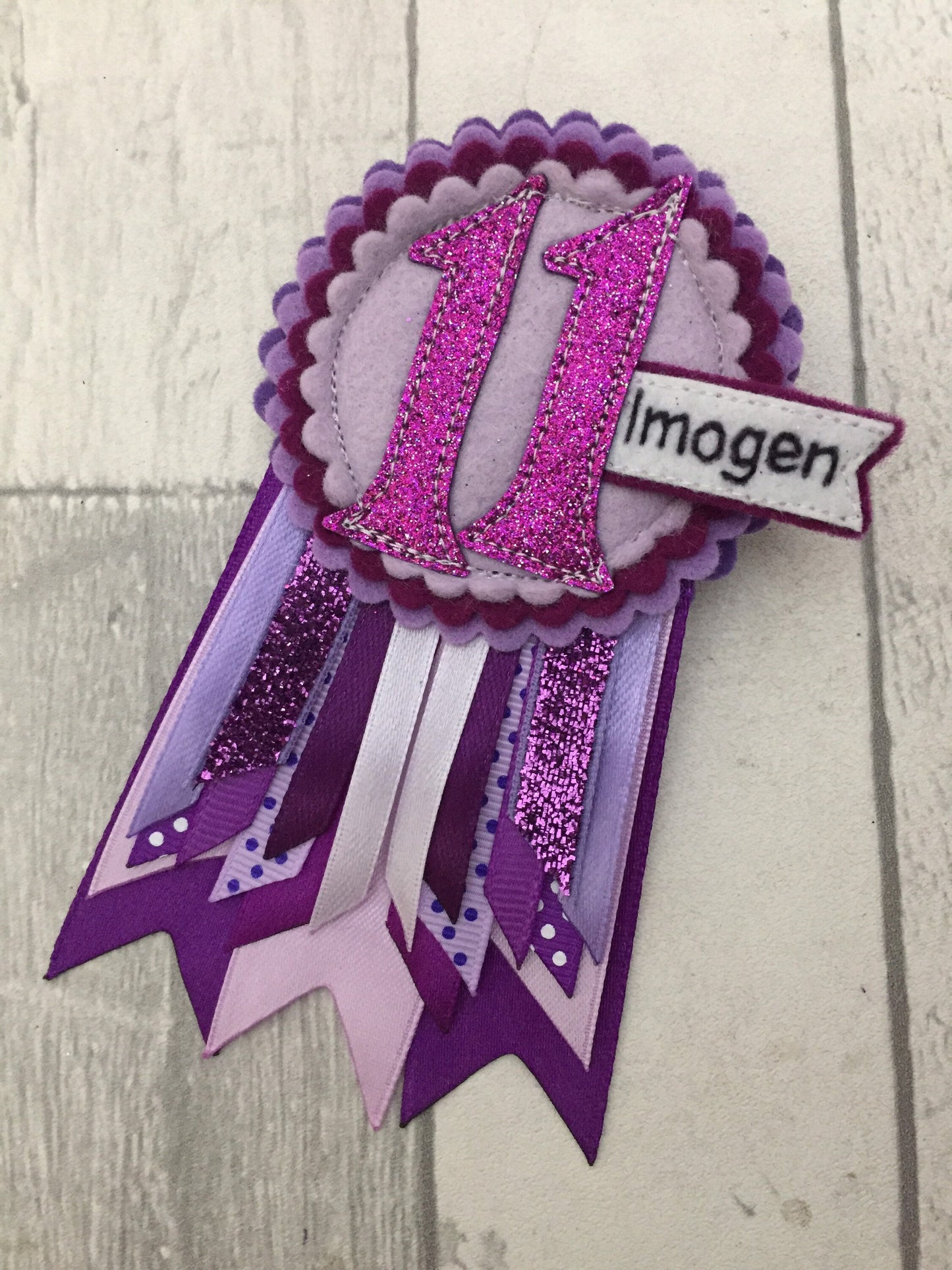 Purple personalised age birthday badge rosette, birthday badge, personalised birthday badge, purple birthday badge, name birthday badge