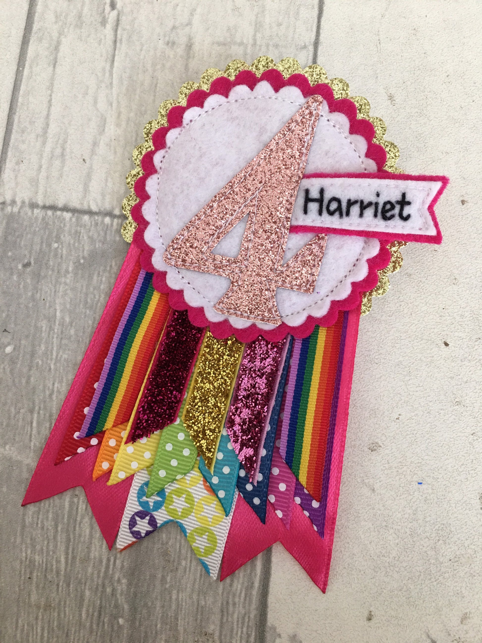 Pink rainbow sparkle personalised birthday badge rosette, birthday badge, personalised birthday badge, pink birthday badge, rainbow birthday