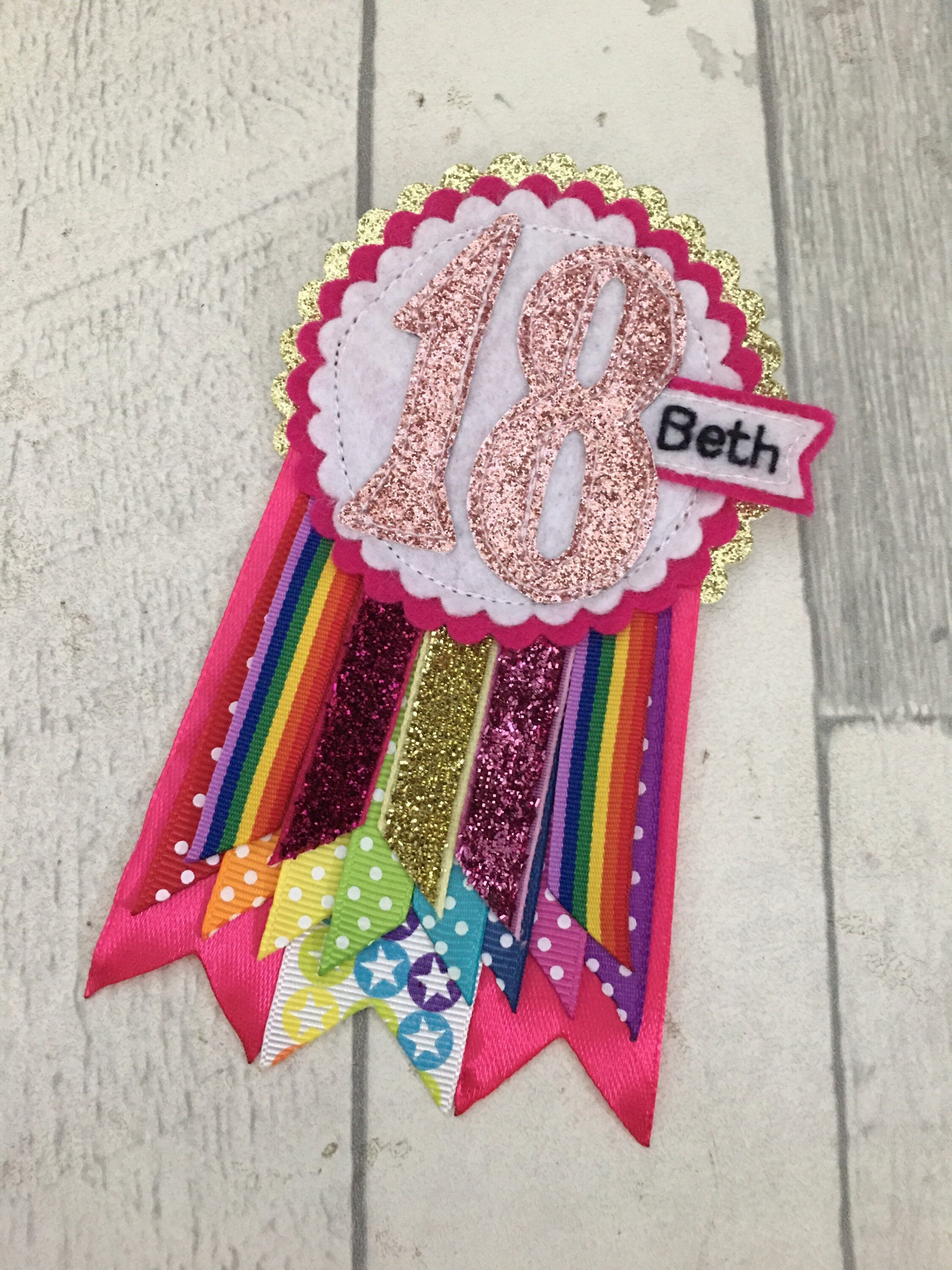 Pink rainbow sparkle personalised birthday badge rosette, birthday badge, personalised birthday badge, pink birthday badge, rainbow birthday