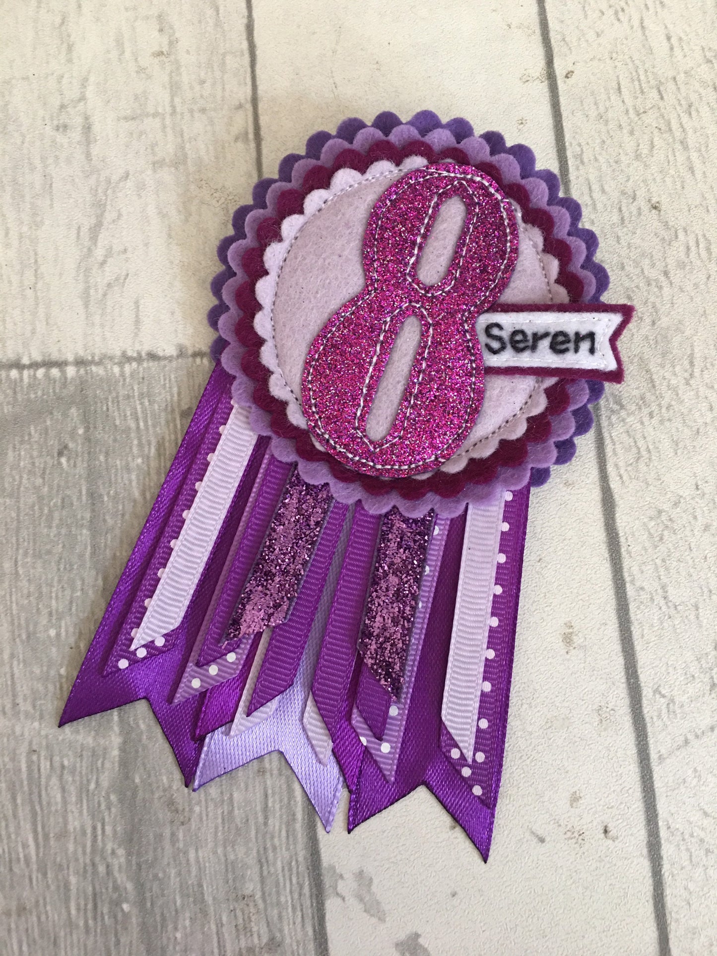 Purple personalised age birthday badge rosette, birthday badge, personalised birthday badge, purple birthday badge, name birthday badge