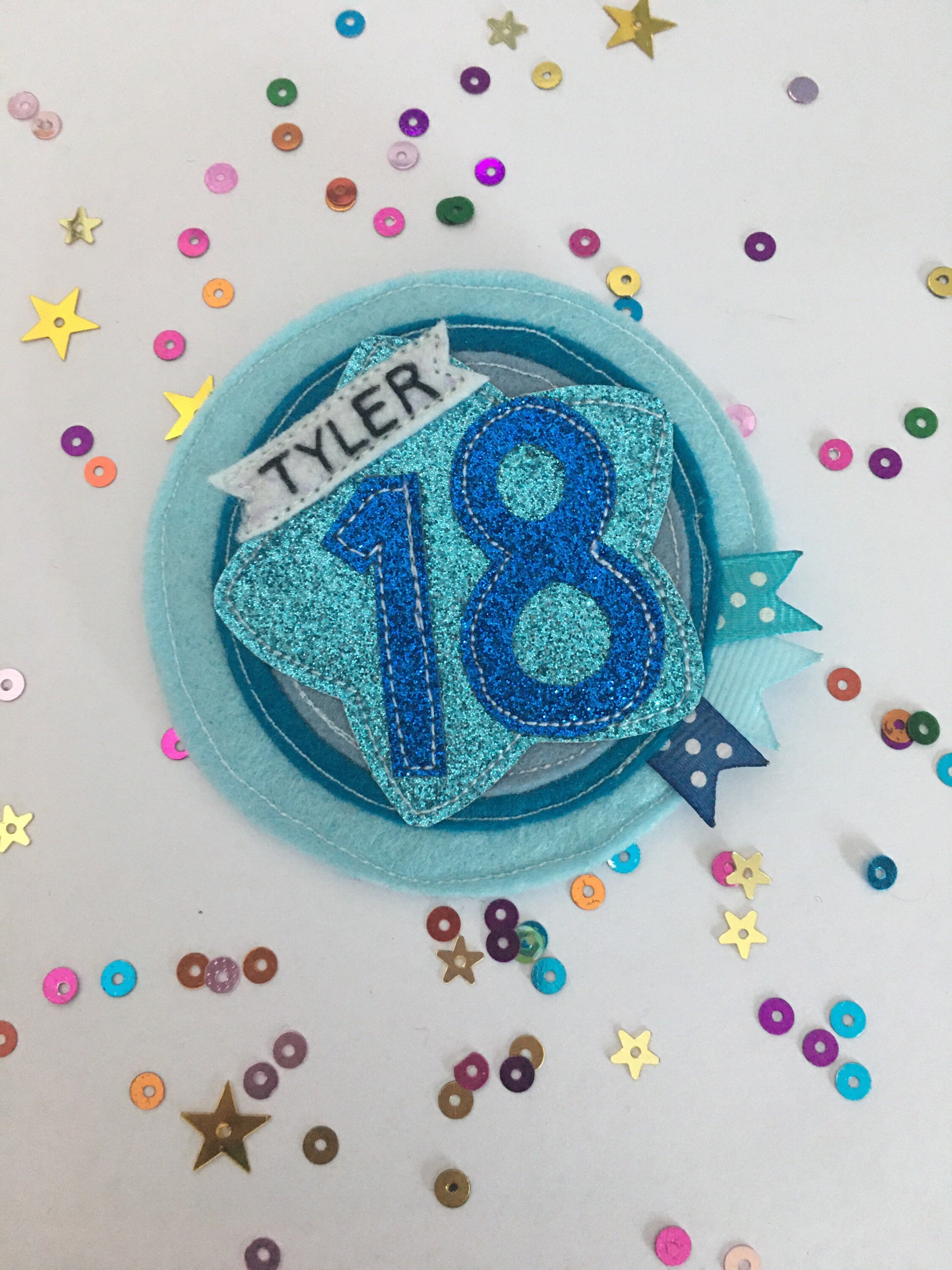 Birthday badge, Blue personalised age birthday badge rosette, personalised birthday badge