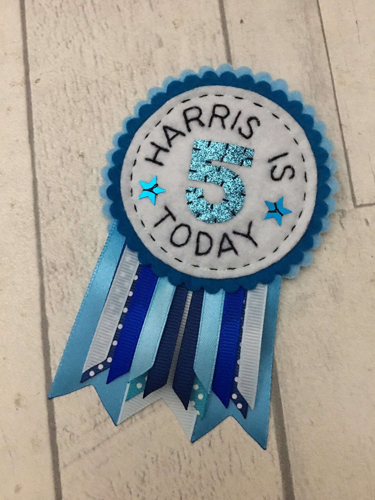 Blue personalised birthday badge rosette, birthday badge, personalised birthday badge, blue birthday, blue badge, name birthday badge