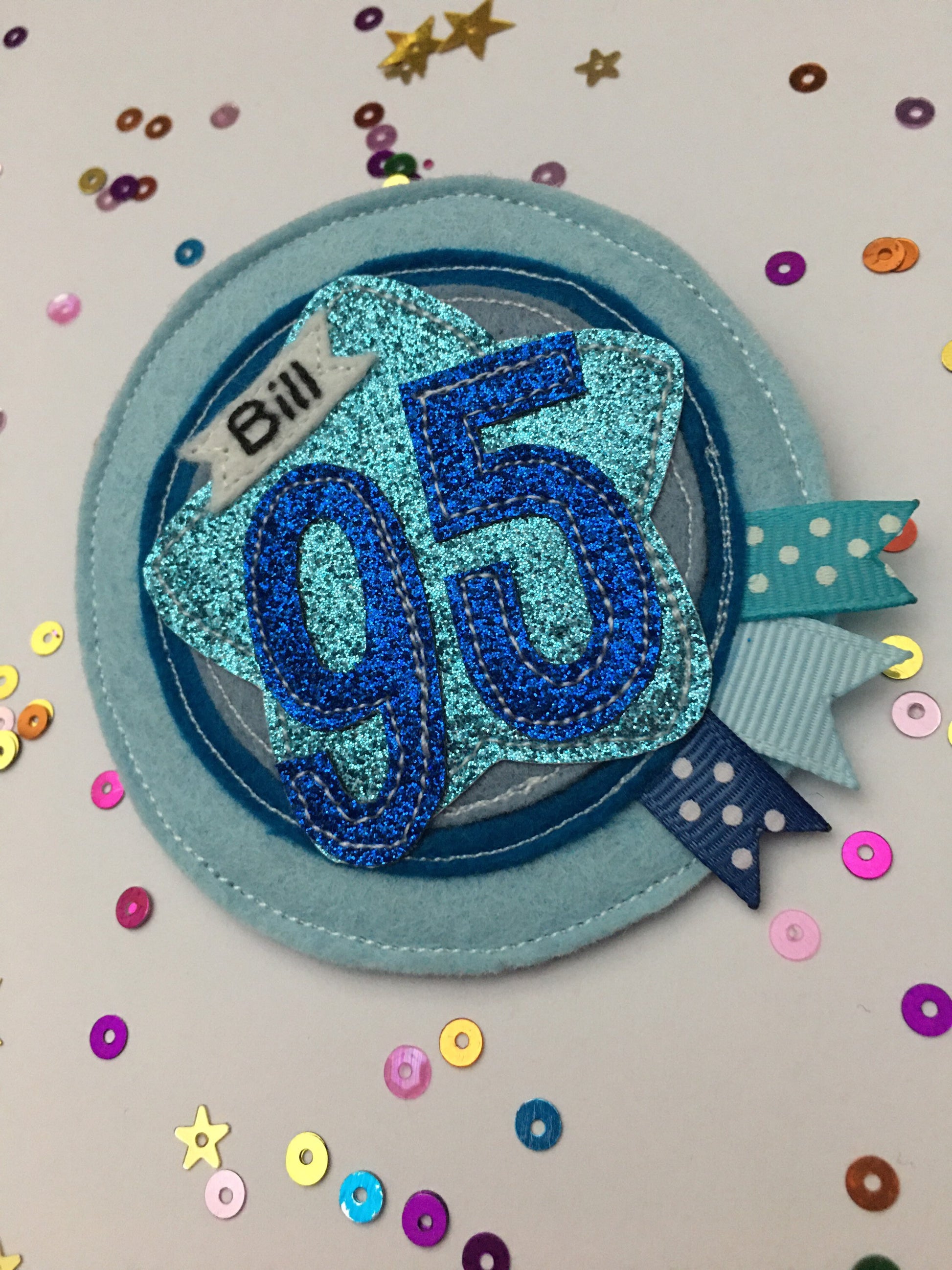 Birthday badge, Blue personalised age birthday badge rosette, personalised birthday badge