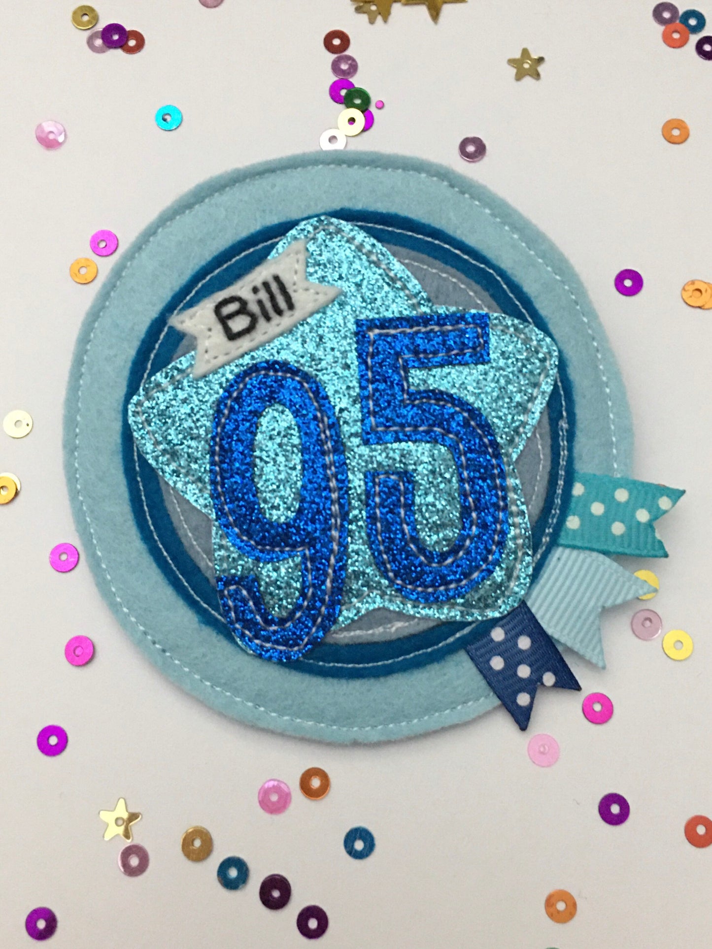 Birthday badge, Blue personalised age birthday badge rosette, personalised birthday badge