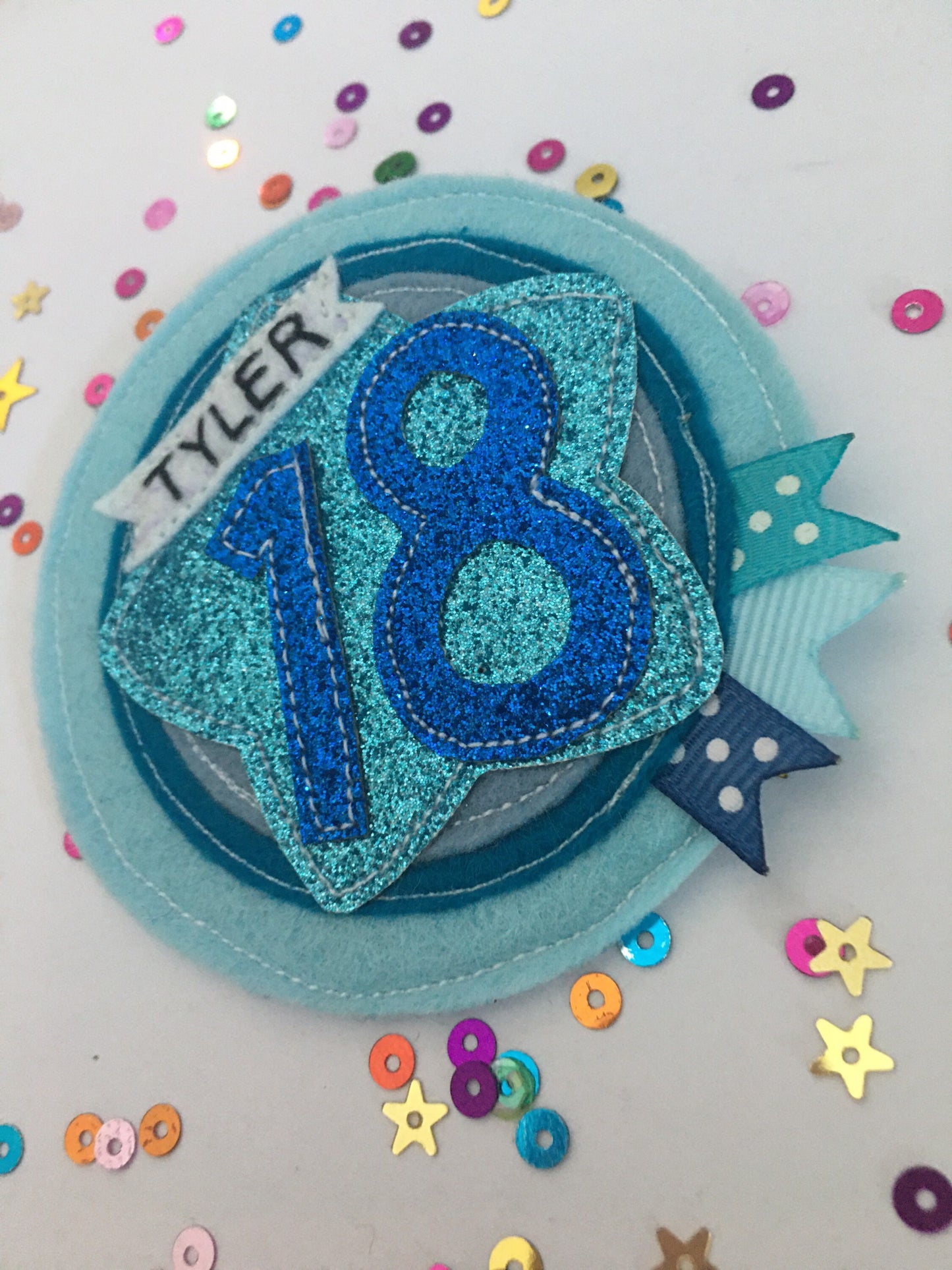 Birthday badge, Blue personalised age birthday badge rosette, personalised birthday badge