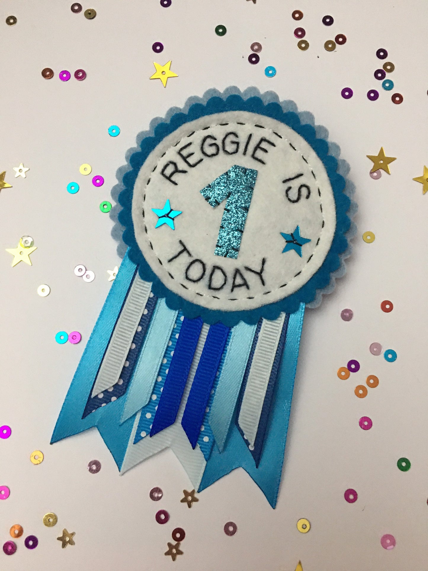 Blue personalised birthday badge rosette, birthday badge, personalised birthday badge, blue birthday, blue badge, name birthday badge