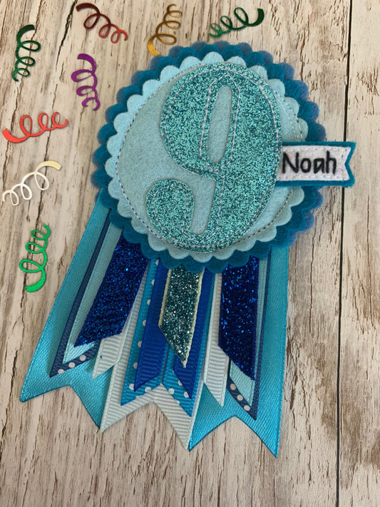 Birthday badge, Blue personalised age birthday badge rosette, personalised birthday badge, blue birthday badge