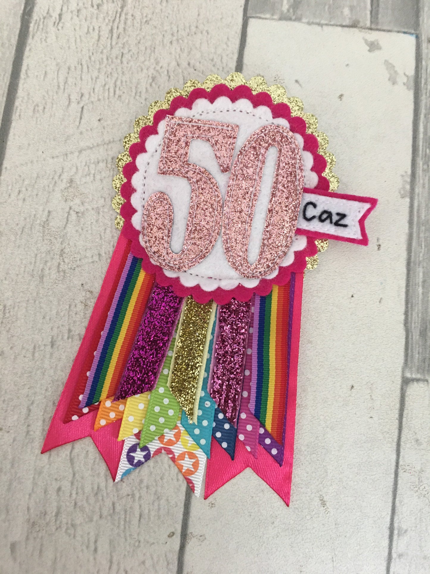 Pink rainbow sparkle personalised birthday badge rosette, birthday badge, personalised birthday badge, pink birthday badge, rainbow birthday