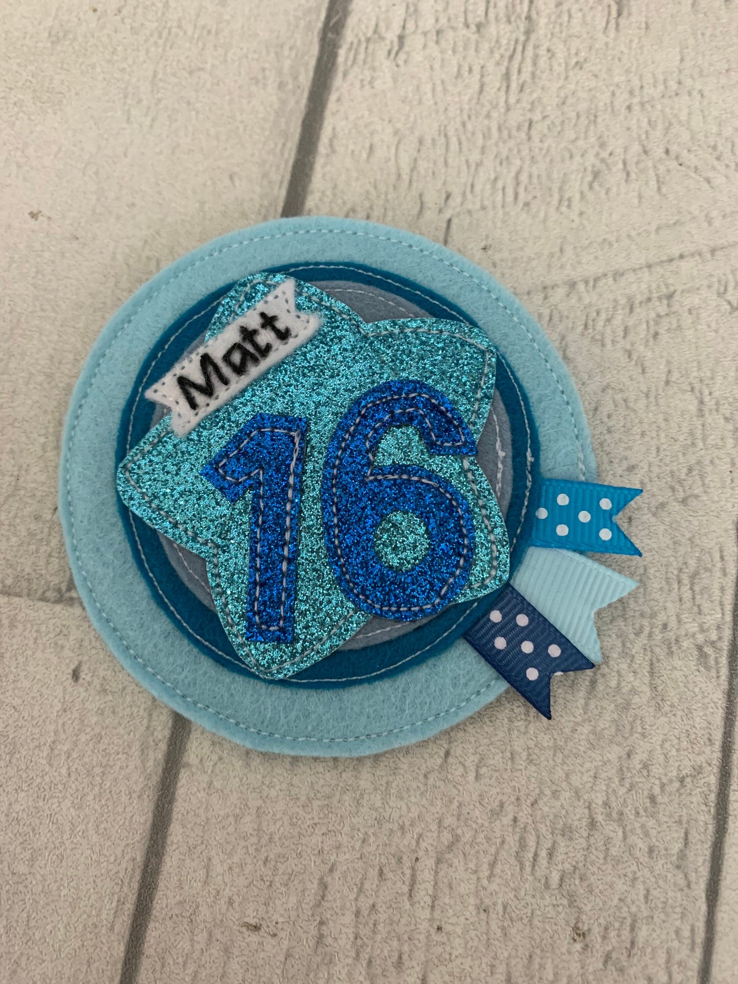 Birthday badge, Blue personalised age birthday badge rosette, personalised birthday badge