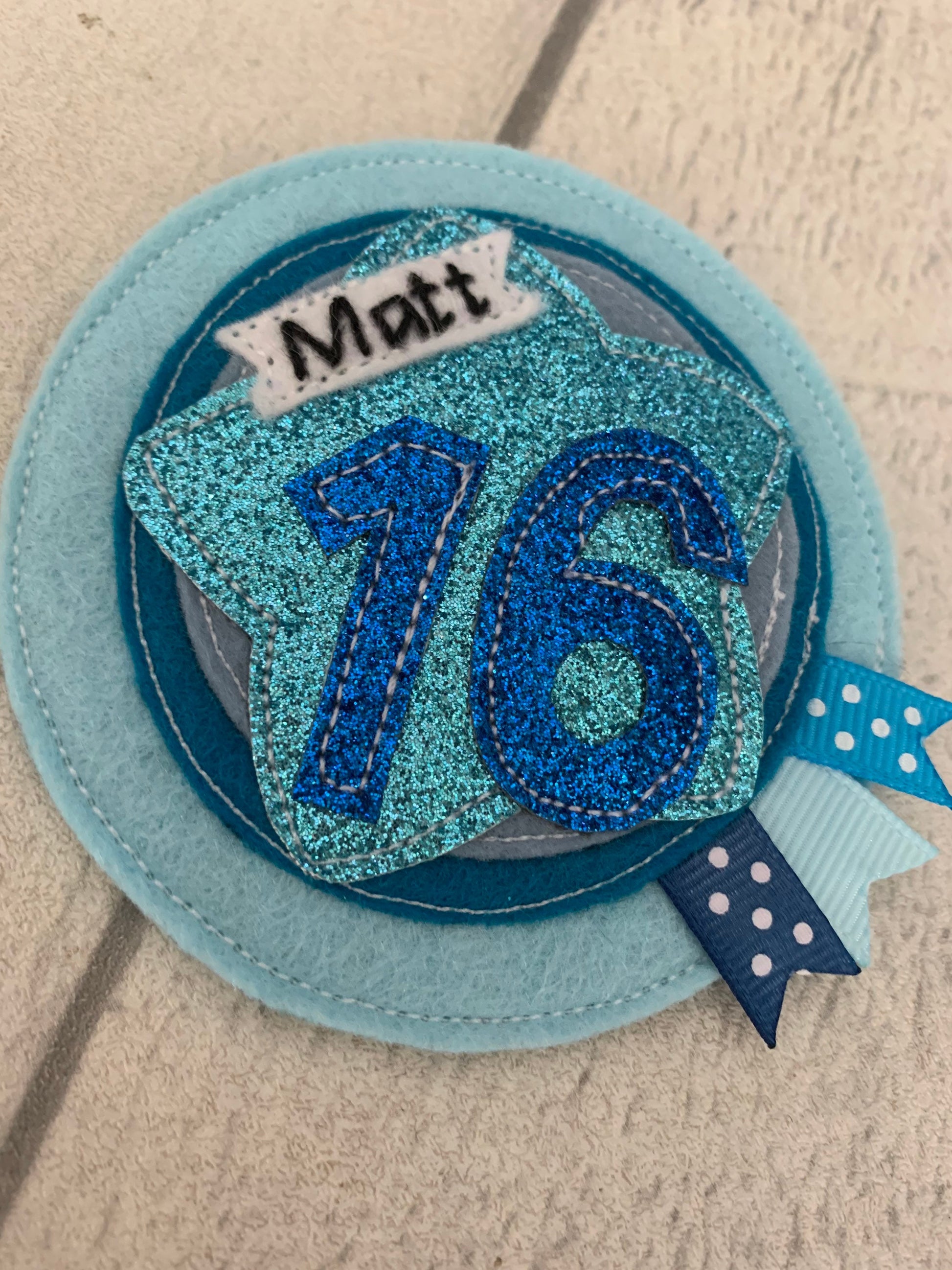 Birthday badge, Blue personalised age birthday badge rosette, personalised birthday badge