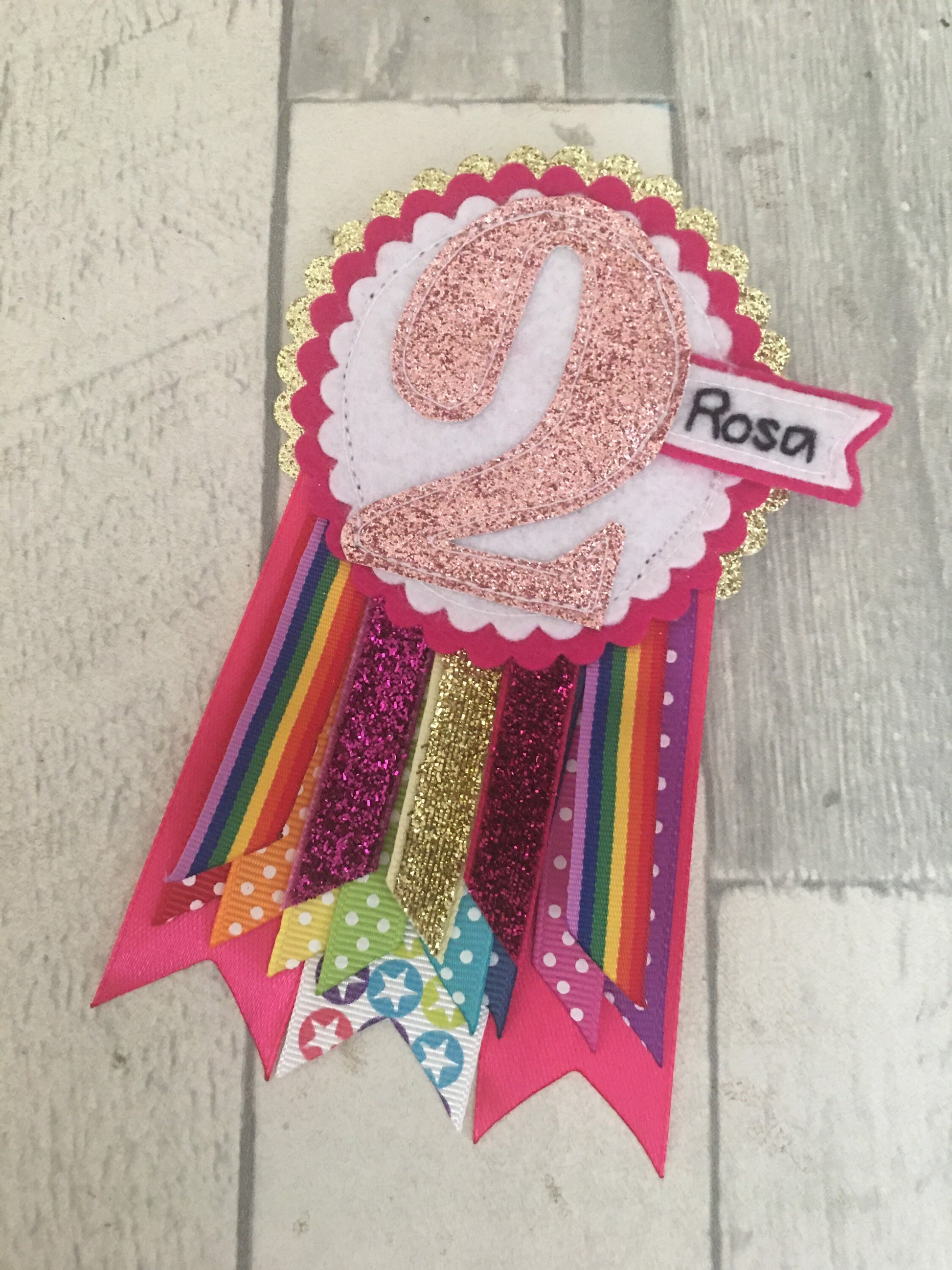 Pink rainbow sparkle personalised birthday badge rosette, birthday badge, personalised birthday badge, pink birthday badge, rainbow birthday