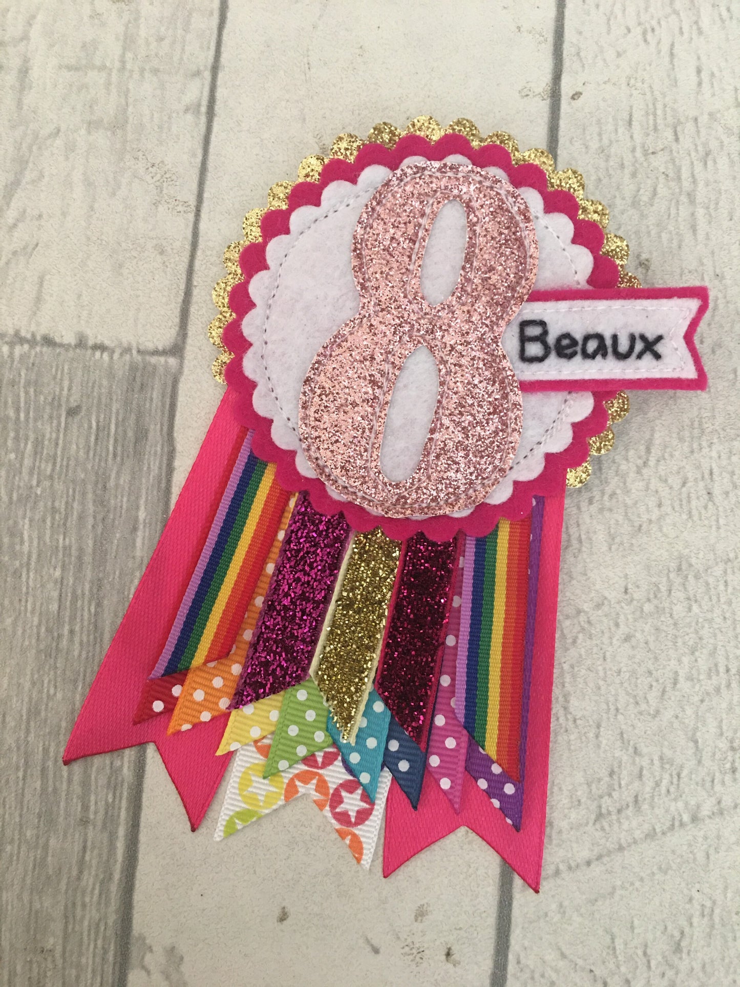 Pink rainbow sparkle personalised birthday badge rosette, birthday badge, personalised birthday badge, pink birthday badge, rainbow birthday