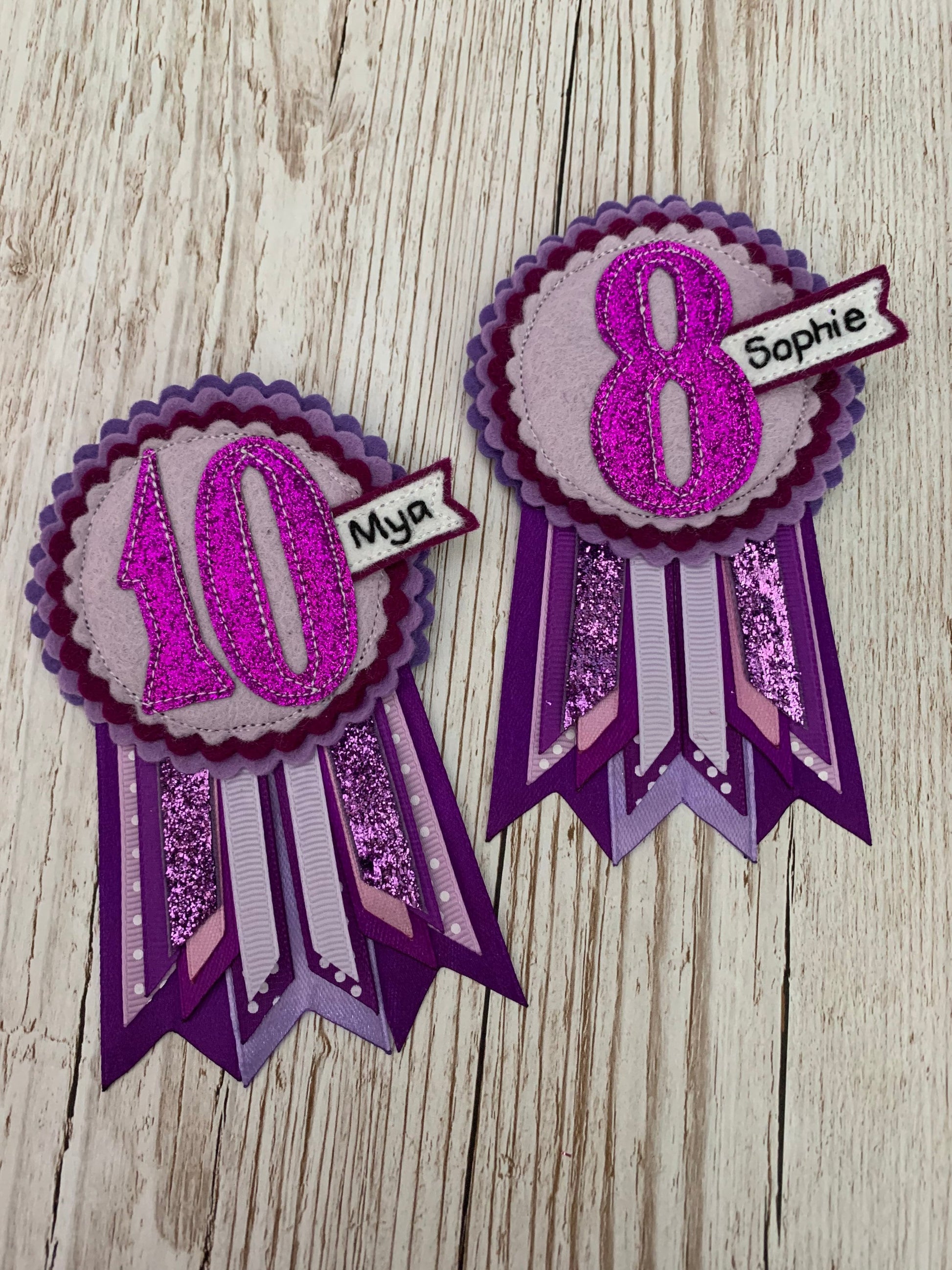 Purple personalised age birthday badge rosette, birthday badge, personalised birthday badge, purple birthday badge, name birthday badge