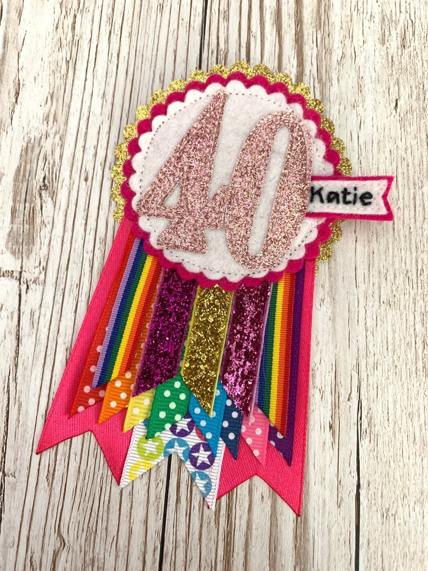 Pink rainbow sparkle personalised birthday badge rosette, birthday badge, personalised birthday badge, pink birthday badge, rainbow birthday