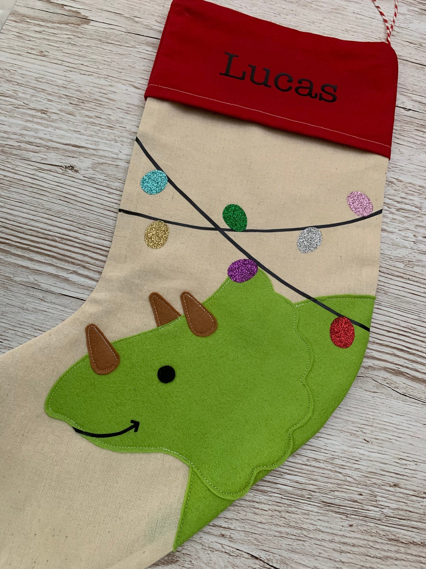 Personalised dinosaur Christmas stocking, Christmas Dino stocking, dinosaur stocking